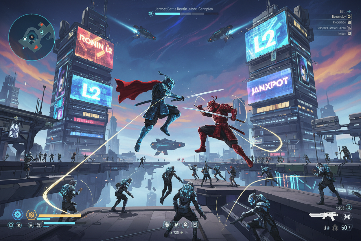 High-resolution Janxpot Battle Royale alpha gameplay screenshot on Ronin L2 rollup, showcasing instant squad deployments, dynamic loot scavenging, victory royalties, zk-proof fairness, and seamless Web2-level battle royale performance