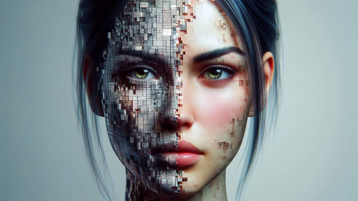 Hyper-realistic AI-generated portrait of a digital creator embedding invisible watermark for royalty protection in generative art