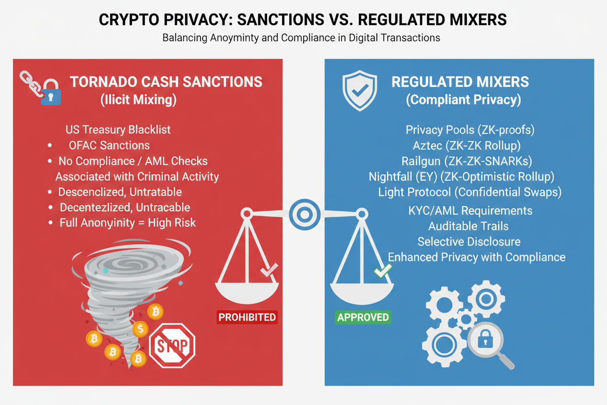 Illustration comparing Tornado Cash sanctions fallout to thriving regulated crypto mixer ecosystems featuring Privacy Pools, Aztec Network, Railgun System, Nightfall by EY, Light Protocol, Penumbra Zone, and Secret Network