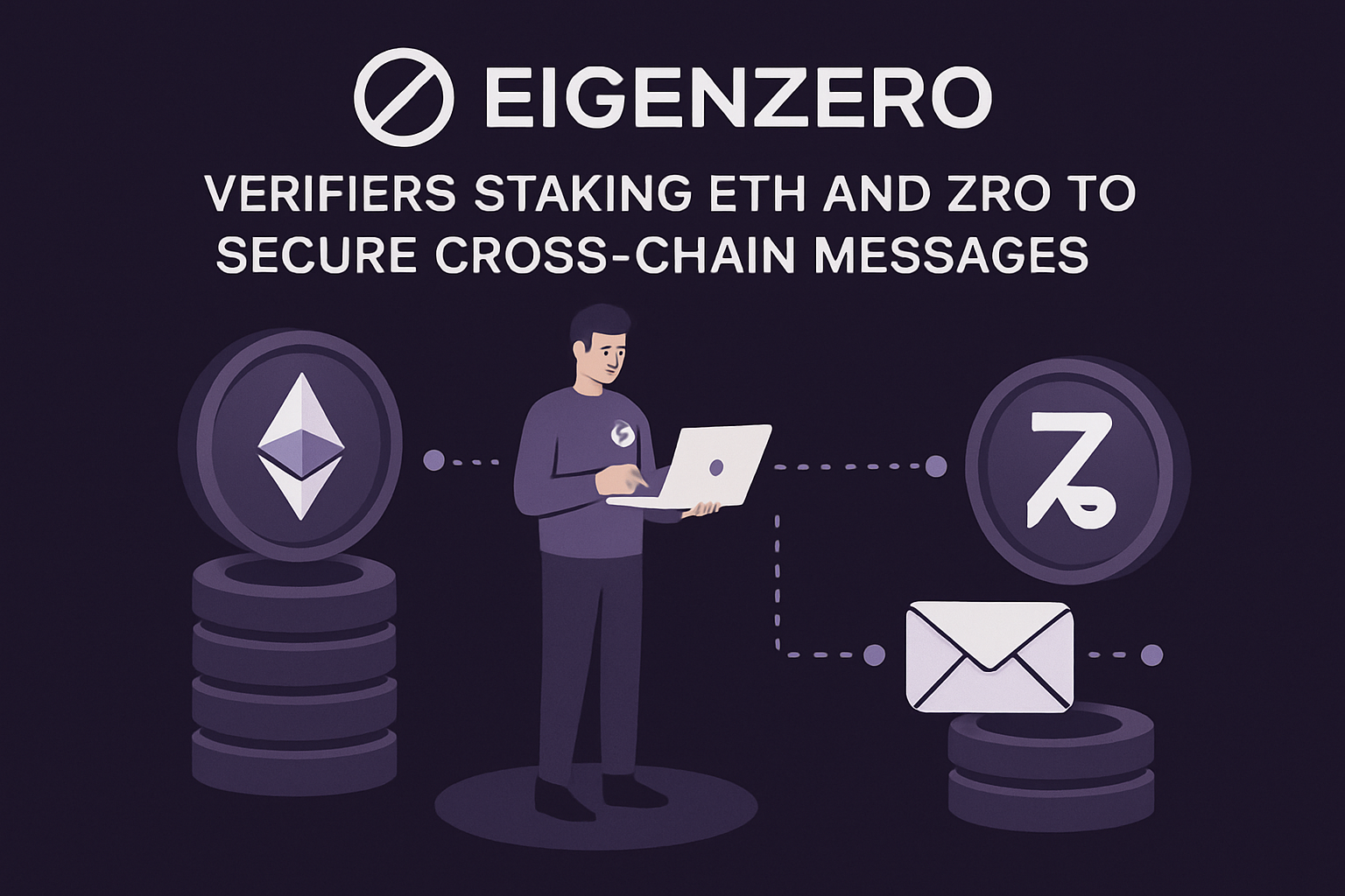 Illustration of verifiers staking crypto assets like ETH and ZRO to secure cross-chain blockchain messages in EigenZero's decentralized network