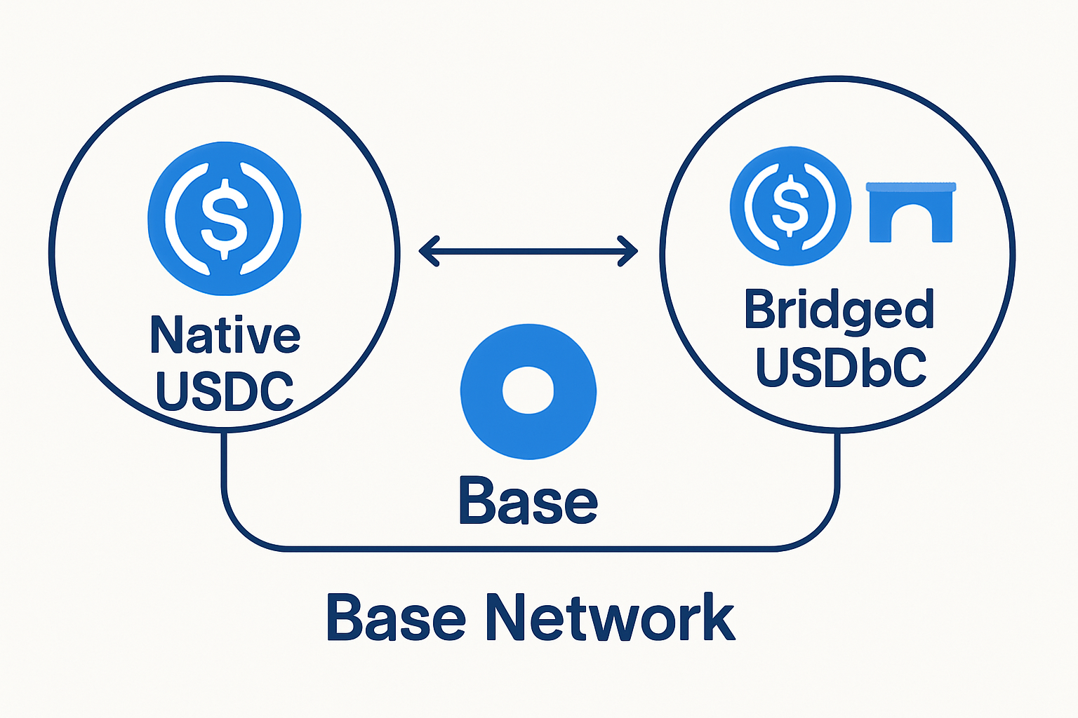 Illustration showing the difference between native USDC and bridged USDbC on Base network, with clear visual separation and blockchain symbols.