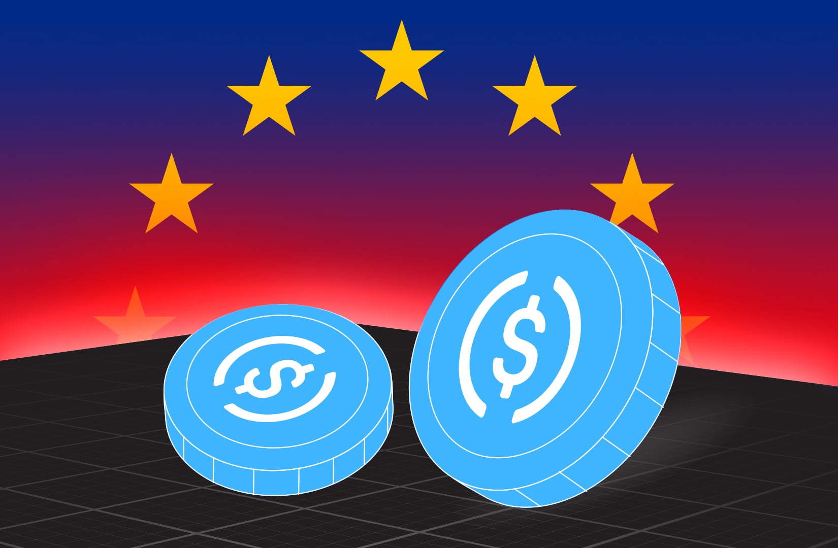 Illustration of 10 EU bank logos ING BNP Paribas UniCredit DekaBank KBC Danske Bank CaixaBank Banca Sella CCCI Crédit Coopératif forming euro stablecoin symbol under Dutch flag Qivalis consortium 2026 Dutch Central Bank