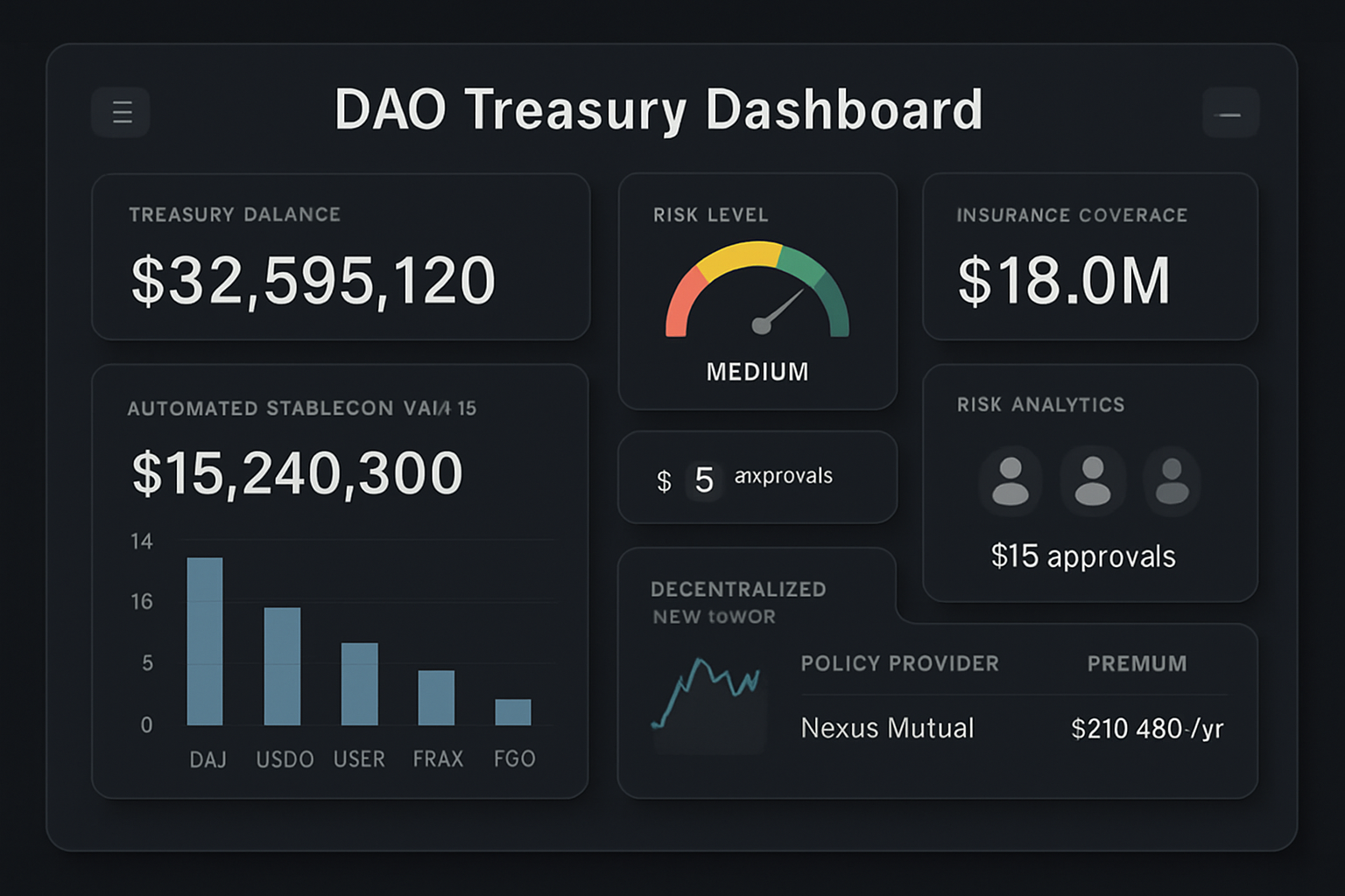 DAO treasury dashboard illustration showing automated stablecoin vaults, multi-signature access controls, real-time risk analytics, and decentralized insurance solutions
