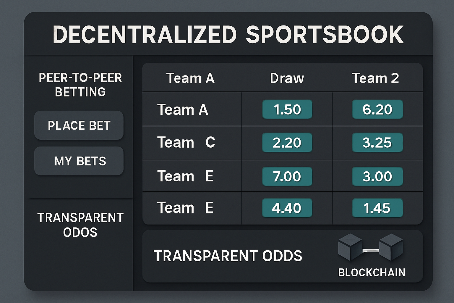 Decentralized sportsbook interface showcasing peer-to-peer betting and transparent blockchain odds