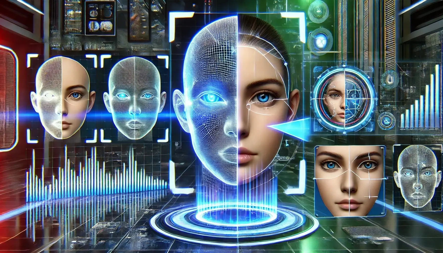 Illustration of deepfake video frame with glowing embedded multimodal watermarks under detection analysis for social media deepfake spotting