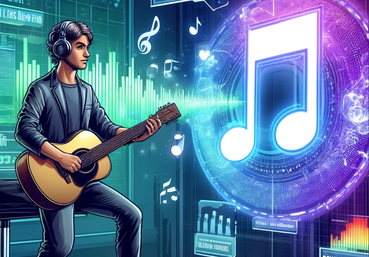 Digital marketplace illustration showing users trading music NFTs for royalty shares on platforms like Audius, Royal, and AnotherBlock in 2025, highlighting yield potential and investment risks.