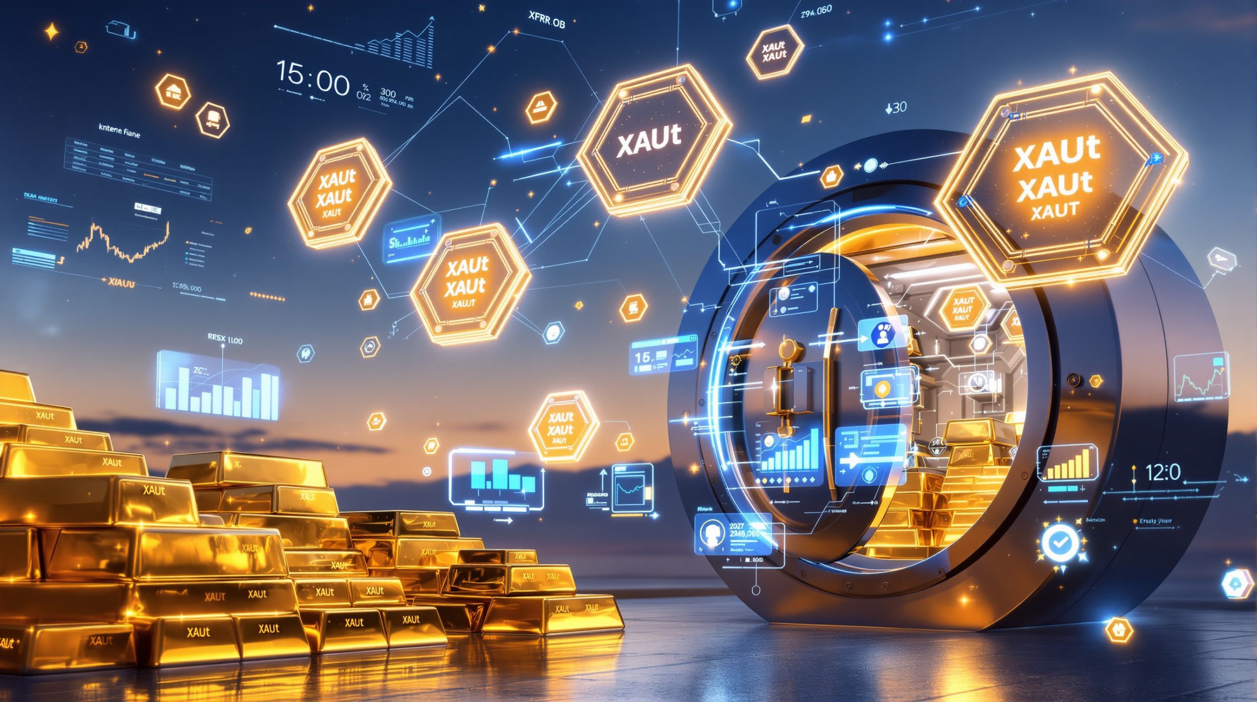 Digital vault illustration securing tokenized gold assets on blockchain