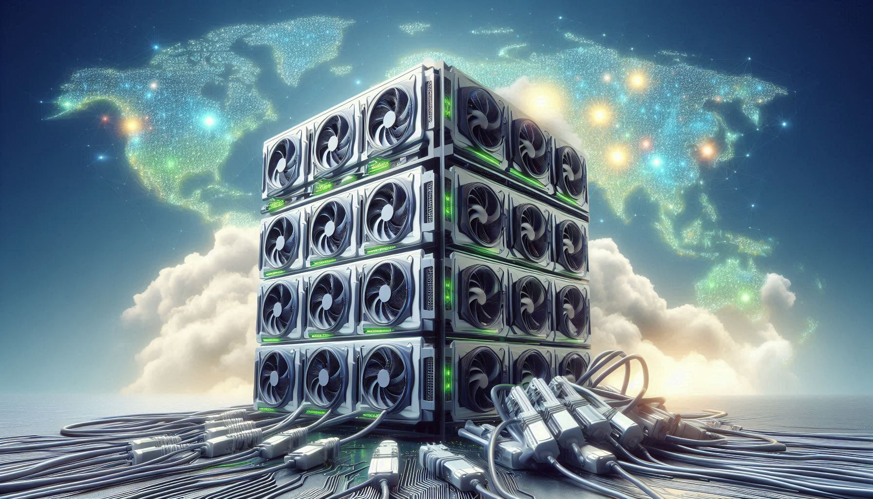 Illustration of a global decentralized AI compute network with interconnected GPUs powering advanced cryptocurrency applications