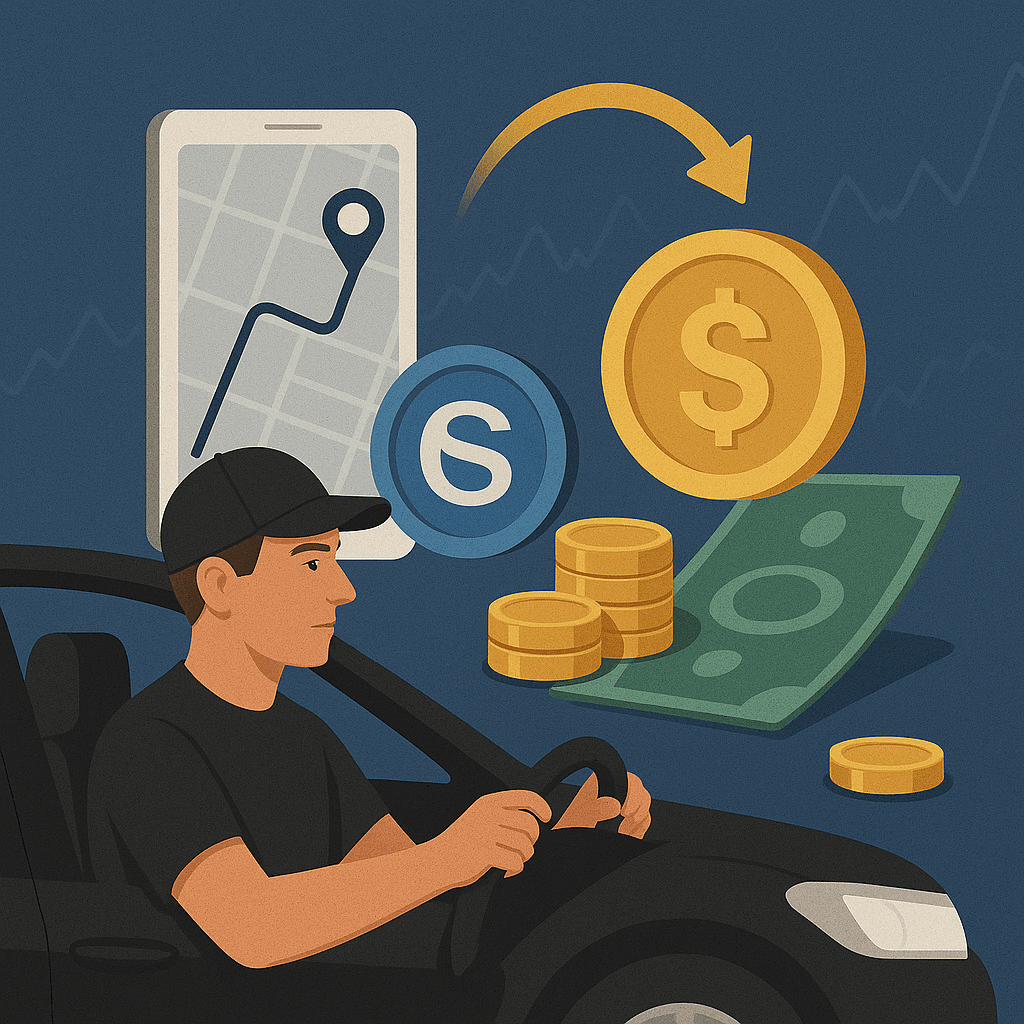 Illustration of global network of freelancers securing cross-border B2B payments with stablecoin multi-sig escrow on digital platform