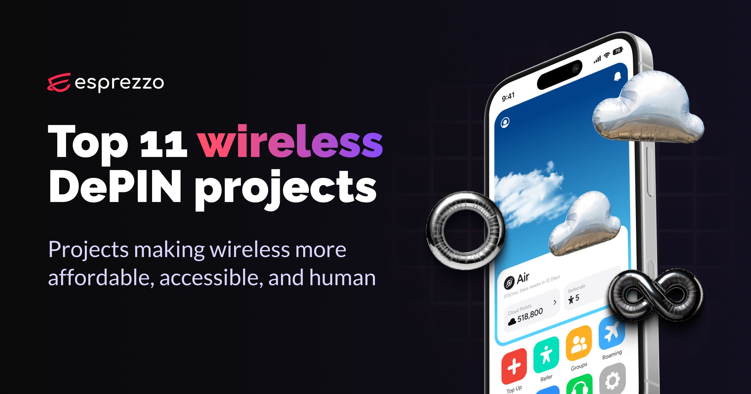 Illustration of a neighborhood with interconnected WiFi nodes and Solana DePIN logos representing decentralized community broadband in 2025