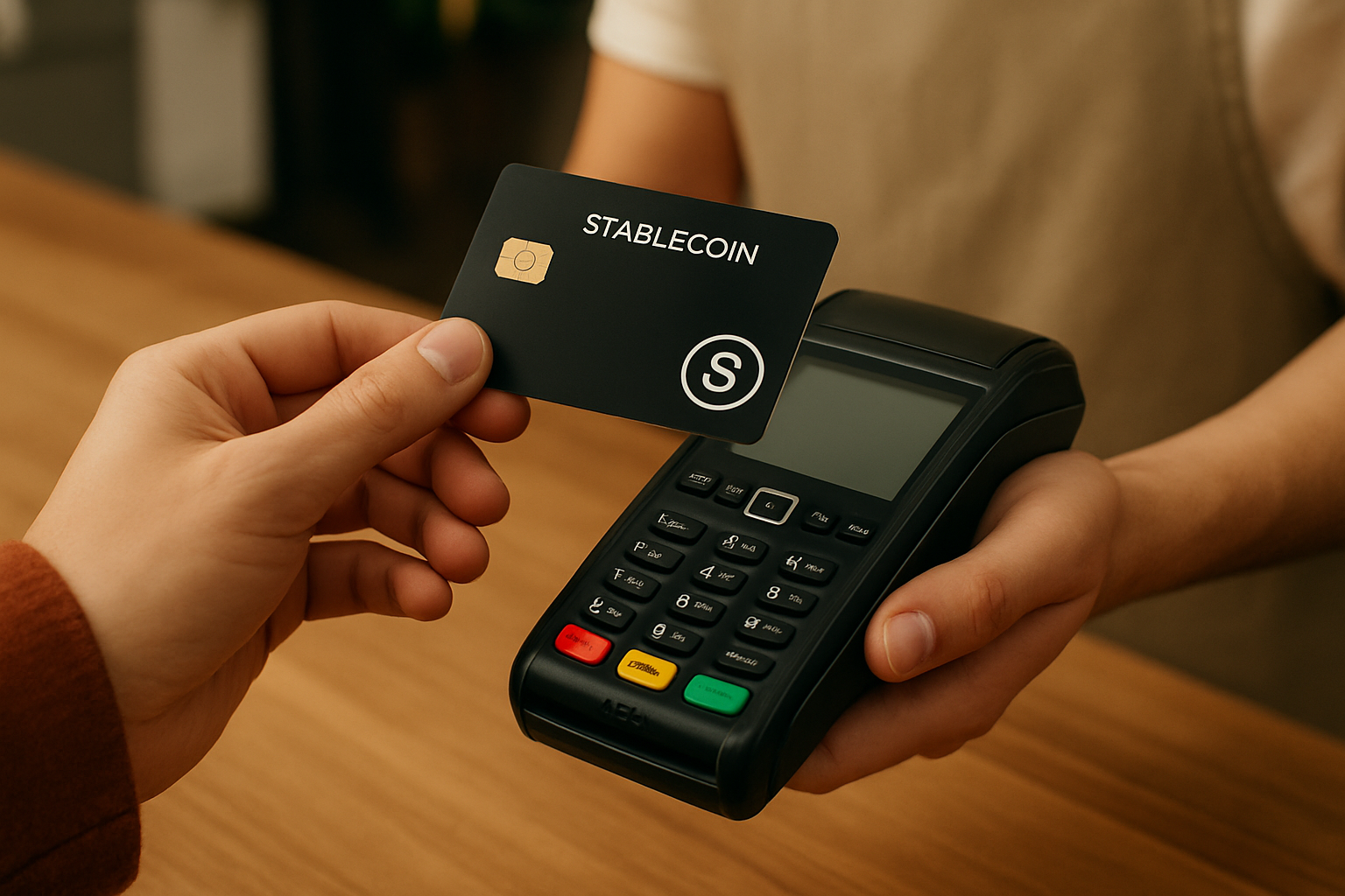 Person making an in-store payment with a stablecoin card for instant crypto-to-fiat spending