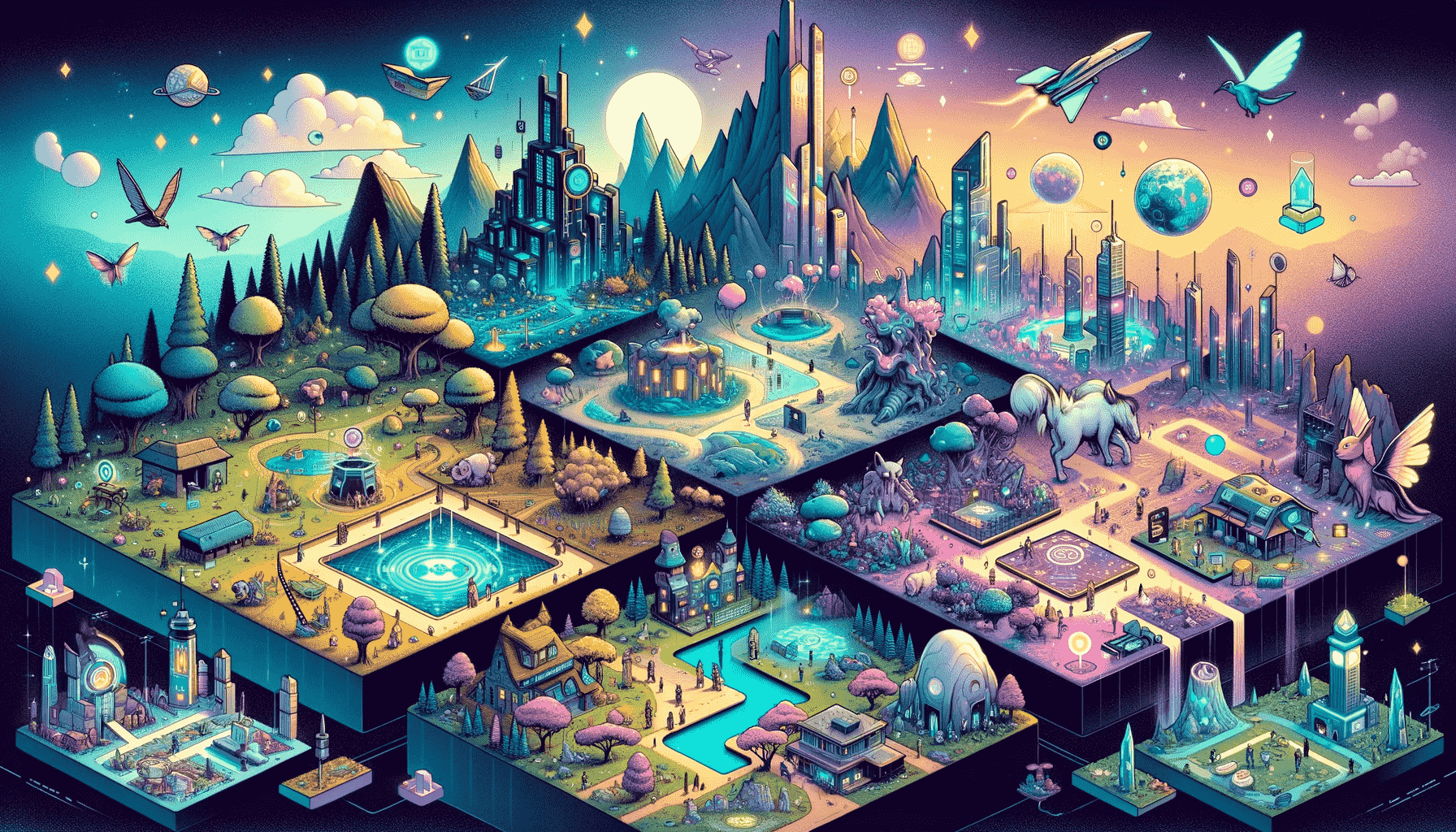Illustration of a real-time strategy game map featuring blockchain elements and NFT assets, representing fully on-chain gaming innovations.