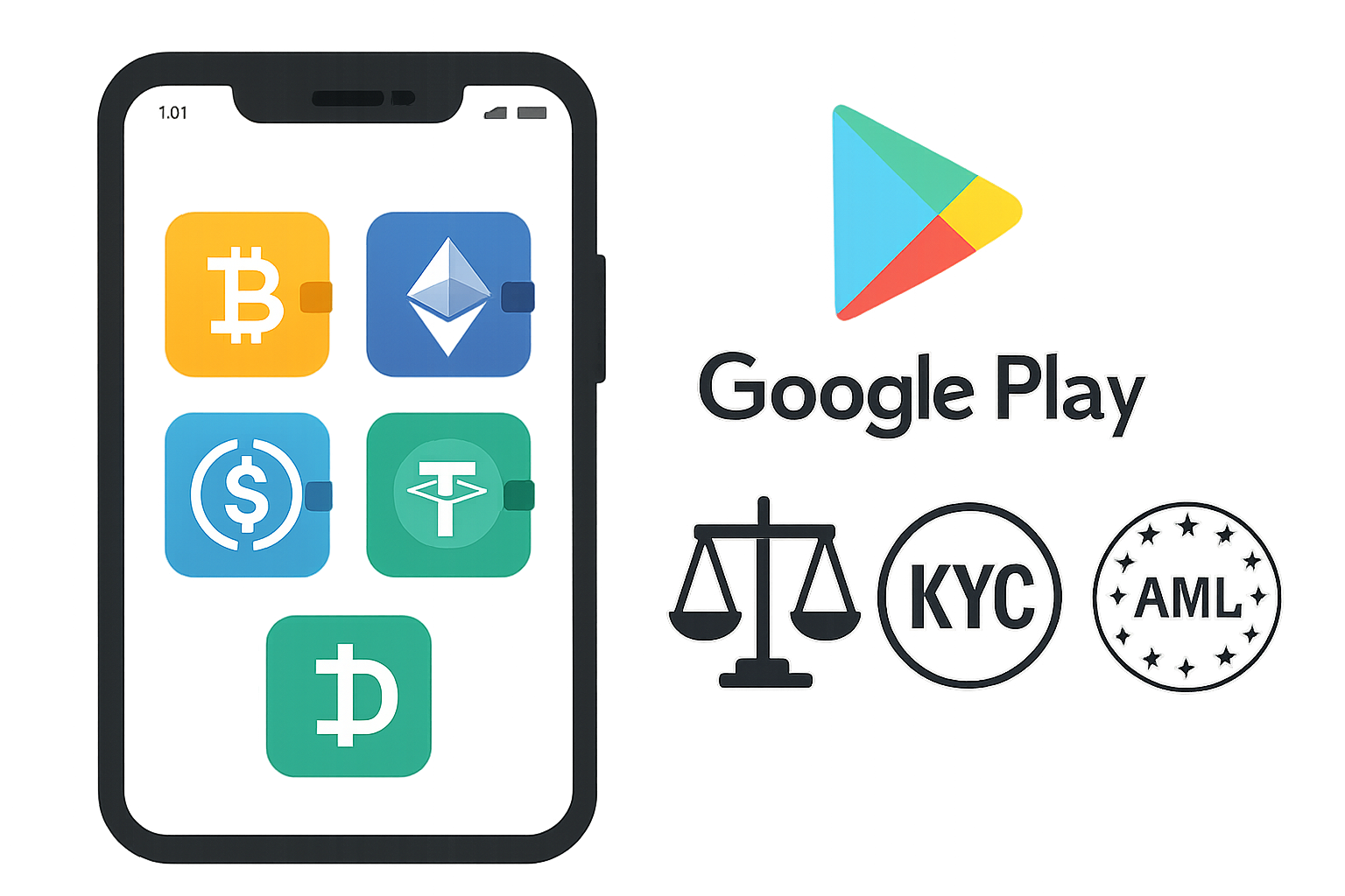 Illustration of a smartphone displaying multiple crypto wallet app icons, Google Play Store logo, and regulatory symbols representing new licensing rules for crypto wallets in 2025.