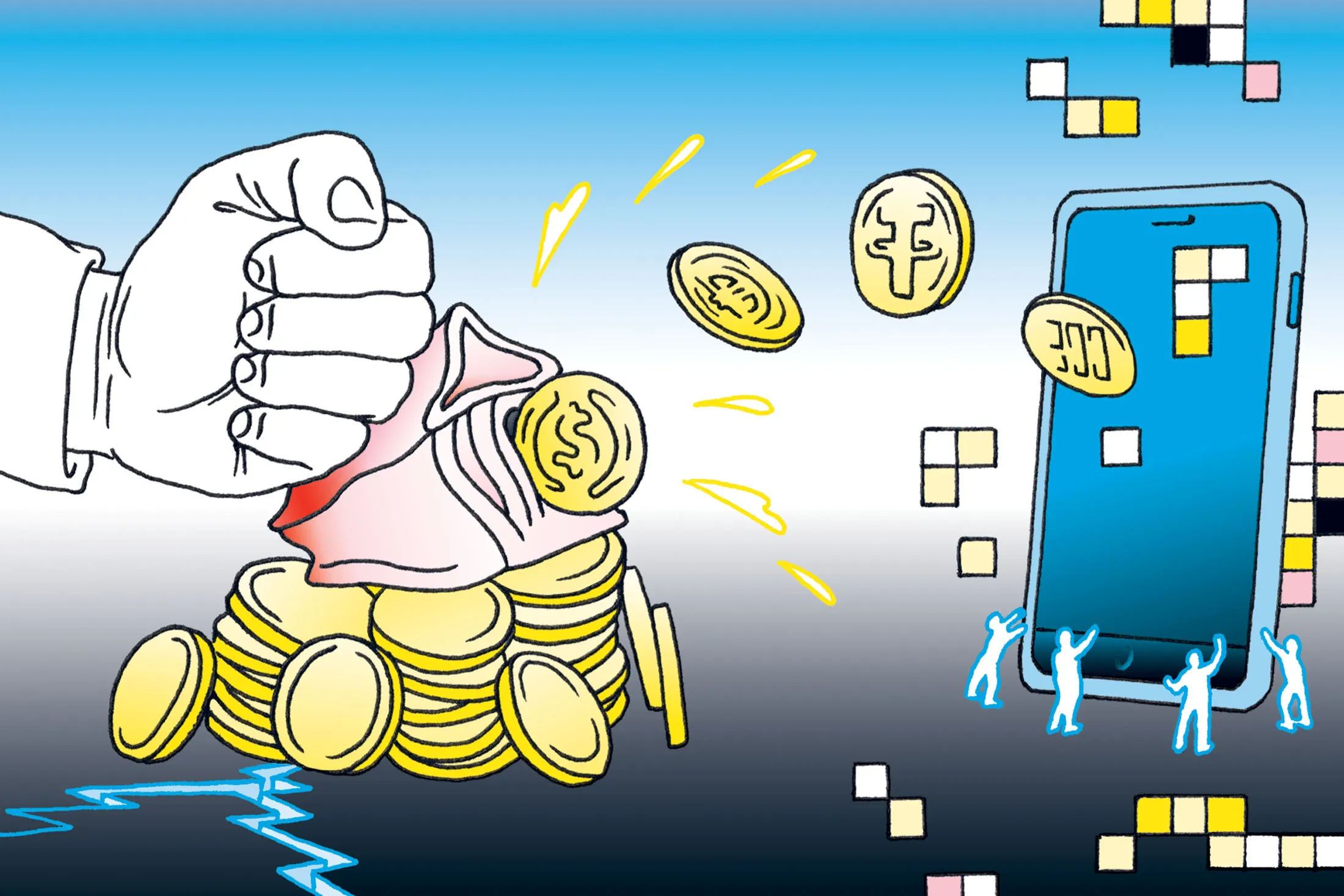 Illustration of a stablecoin card being used at a point-of-sale terminal, featuring digital wallet and fiat currency icons, representing seamless crypto payments with Visa and Mastercard acceptance.