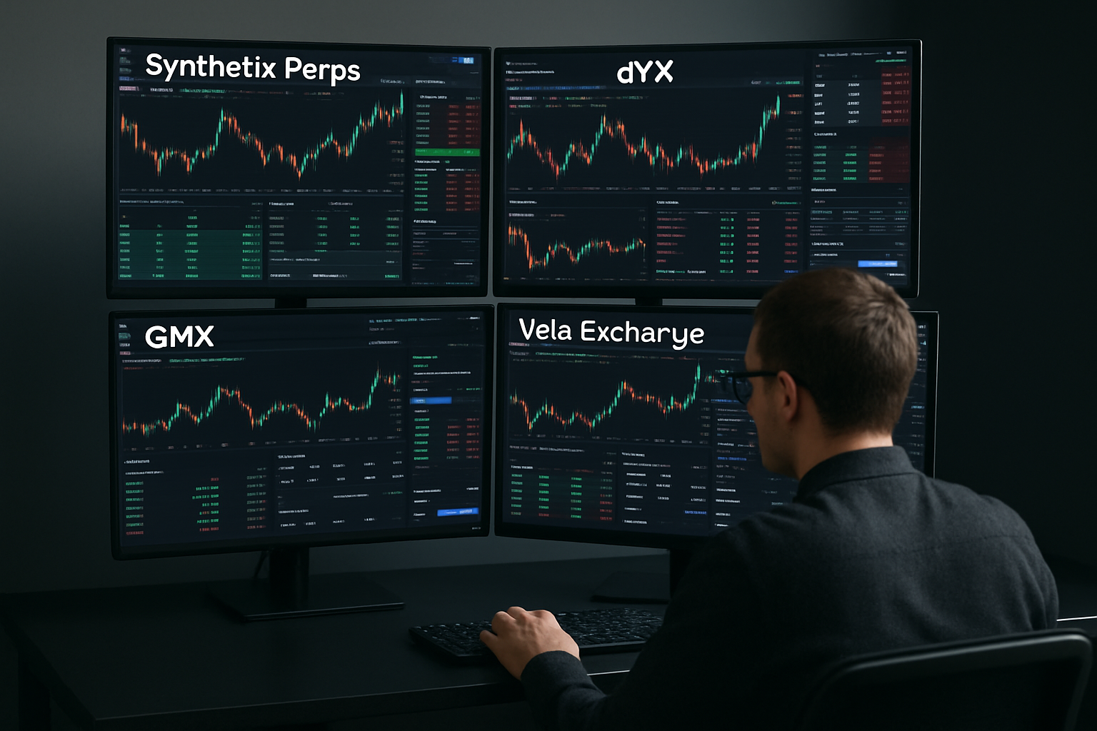 Trader reviewing multiple decentralized perpetual exchange dashboards including Synthetix Perps, dYdX, GMX, Hyperliquid, and Vela Exchange for synthetic stock trading in 2024.