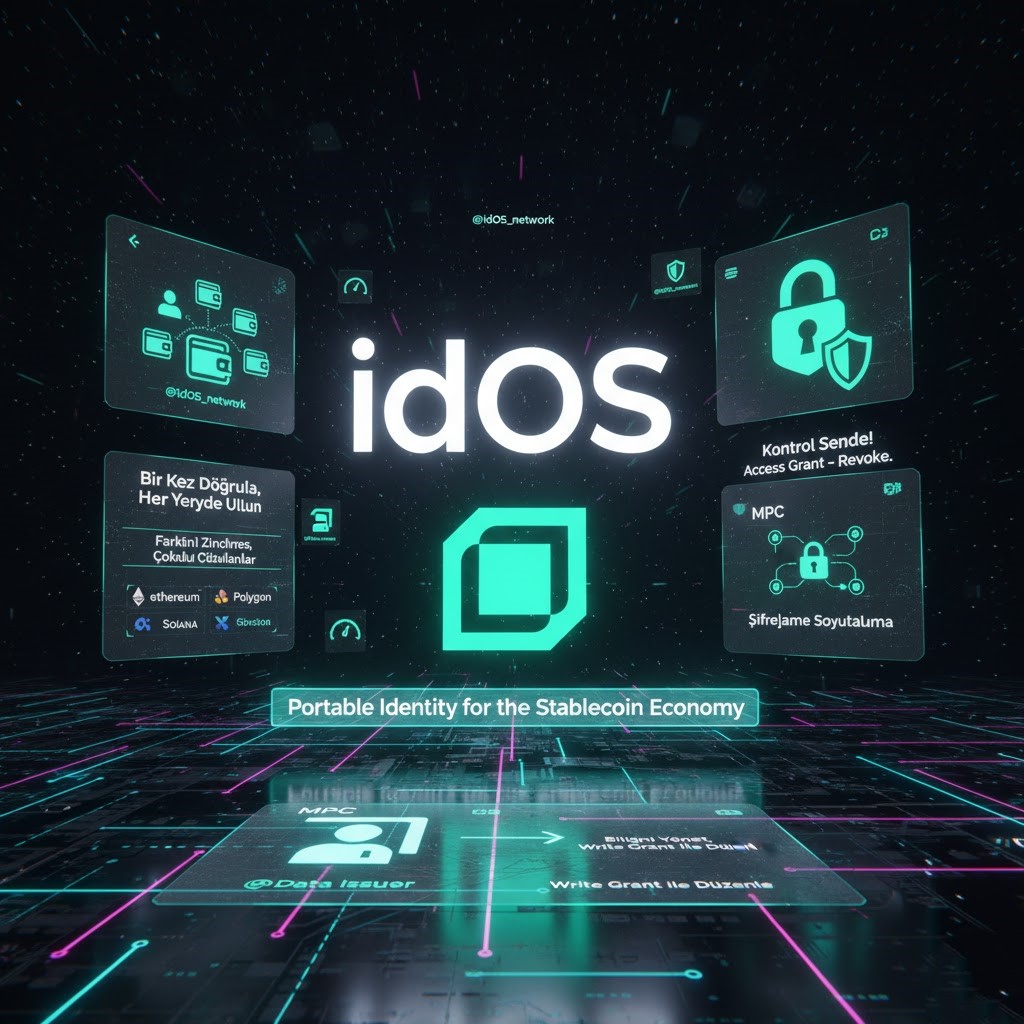 Illustration of a user holding a decentralized identity wallet with reusable KYC credentials, surrounded by popular Web3 logos like Ethereum and Polkadot, symbolizing privacy and compliance in Web3.