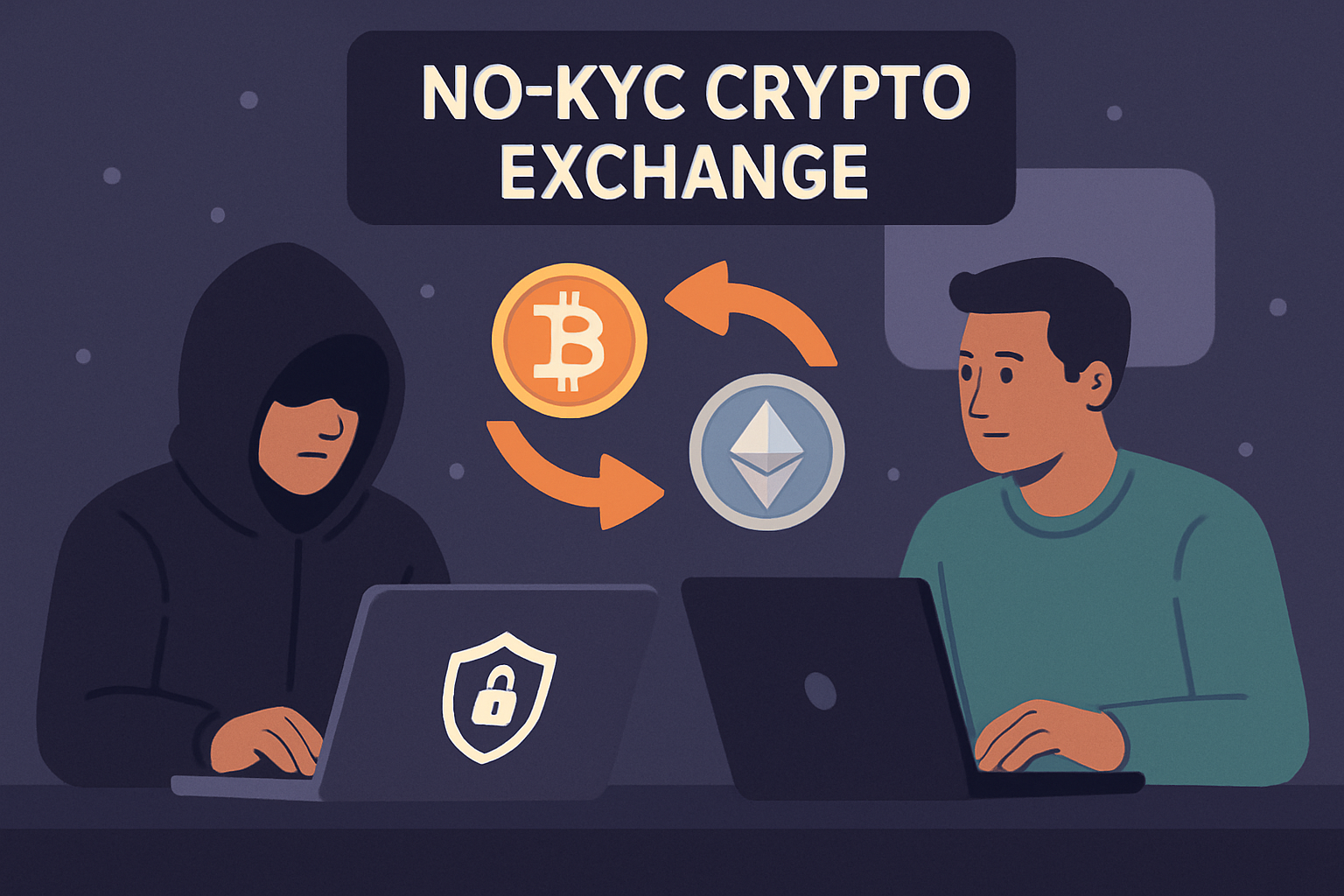 Illustration of a user trading cryptocurrency privately on a no-KYC exchange platform in 2025, emphasizing privacy and anonymity.