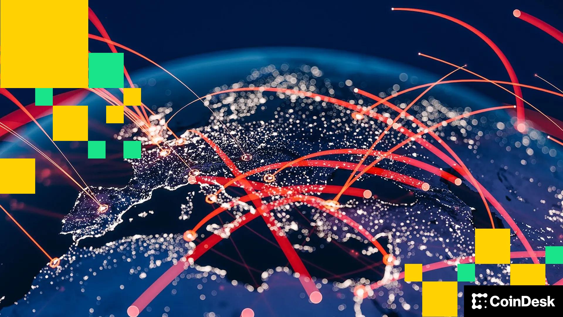 Illustration of a world map with glowing stablecoin flows and blockchain lines connecting global businesses for instant cross-border B2B payments, reducing fees by 60%
