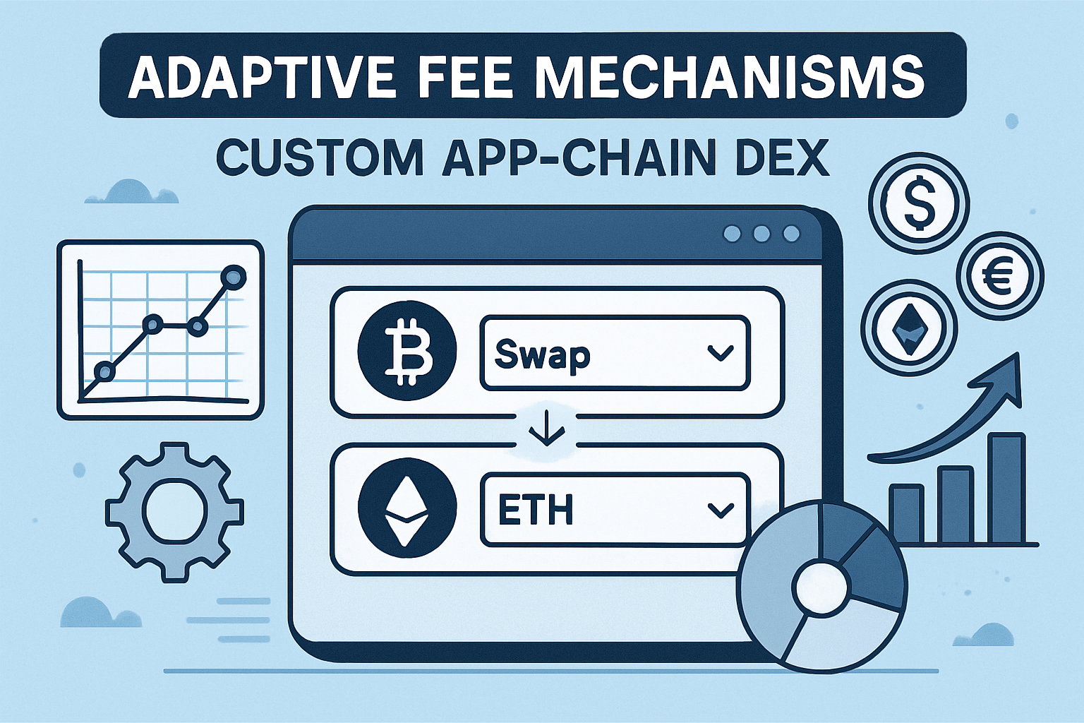 Conceptual illustration of adaptive fee mechanisms in a custom app-chain decentralized exchange (DEX), featuring dynamic fee adjustment icons, liquidity pools, and digital blockchain elements without price charts.