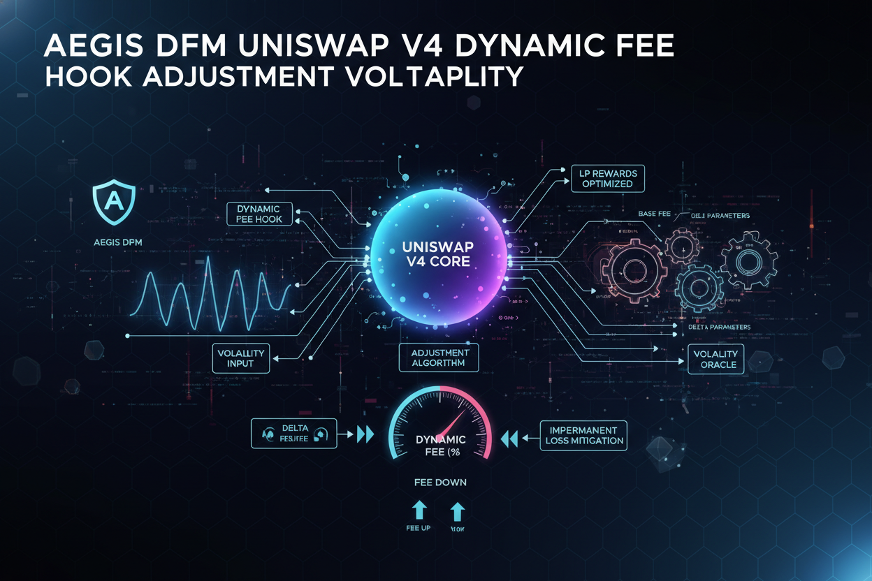 Illustration of Aegis DFM dynamically adjusting fees in Uniswap v4 pool during market volatility for optimized DeFi liquidity provision