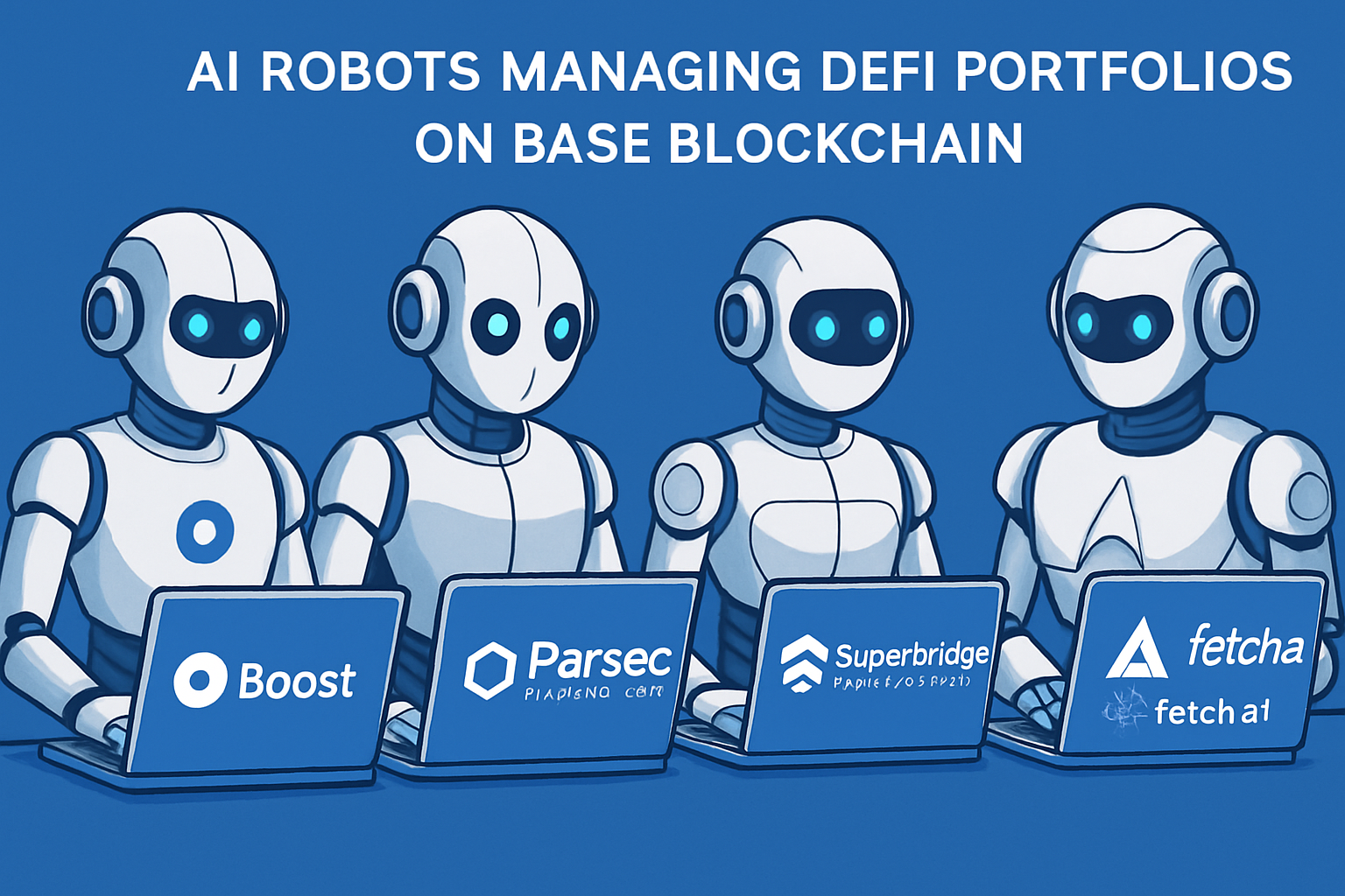 AI-powered robots managing DeFi portfolios with Boost, Parsec AI Trading Suite, Superbridge AI Portfolio Manager, IAESIR AI Yield Optimizer, and Fetch.ai agents on the Base blockchain