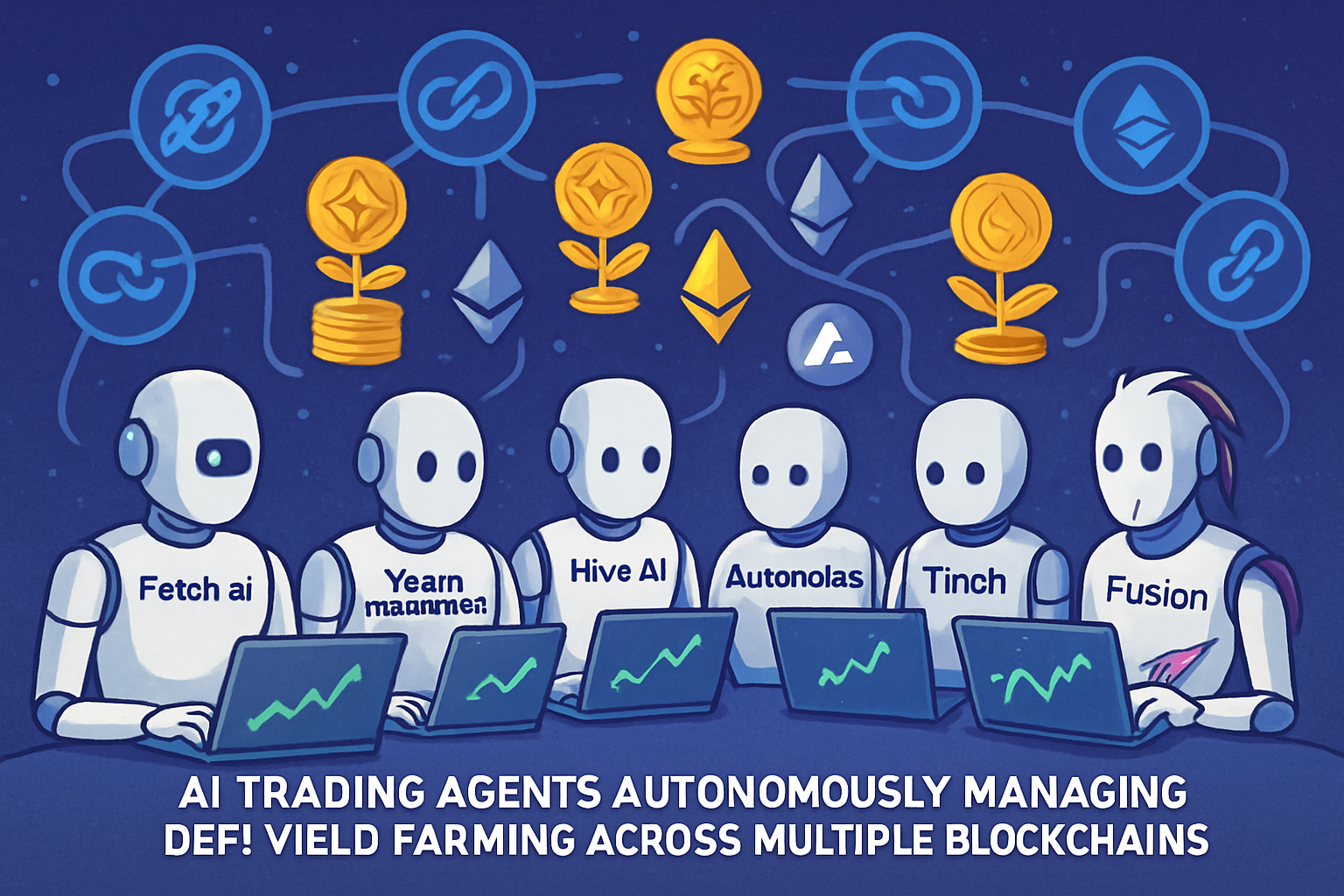 Illustration of top 5 AI trading agents—Fetch.ai, Yearn Finance V3, Hive AI, Autonolas, and 1inch Fusion—autonomously managing DeFi yield farming across multiple blockchains in 2024