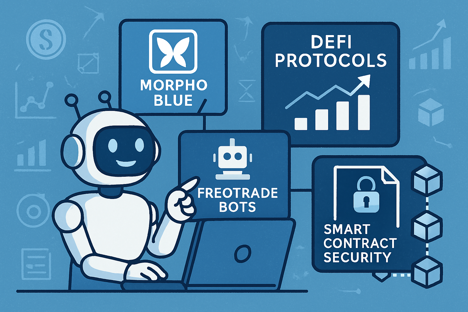 Illustration of an AI agent interacting with DeFi protocols like Morpho Blue, Freqtrade bots, and security considerations on a blockchain network