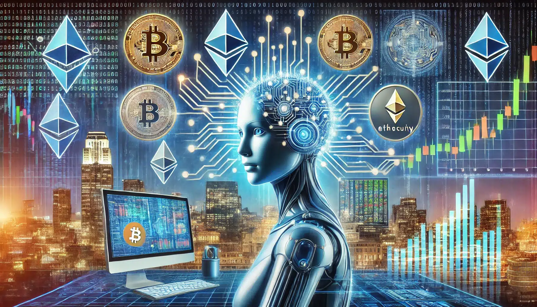 Illustration of an AI agent autonomously interacting with multiple DeFi protocols across different blockchains, visualizing cross-chain connectivity and smart contract automation in decentralized finance.