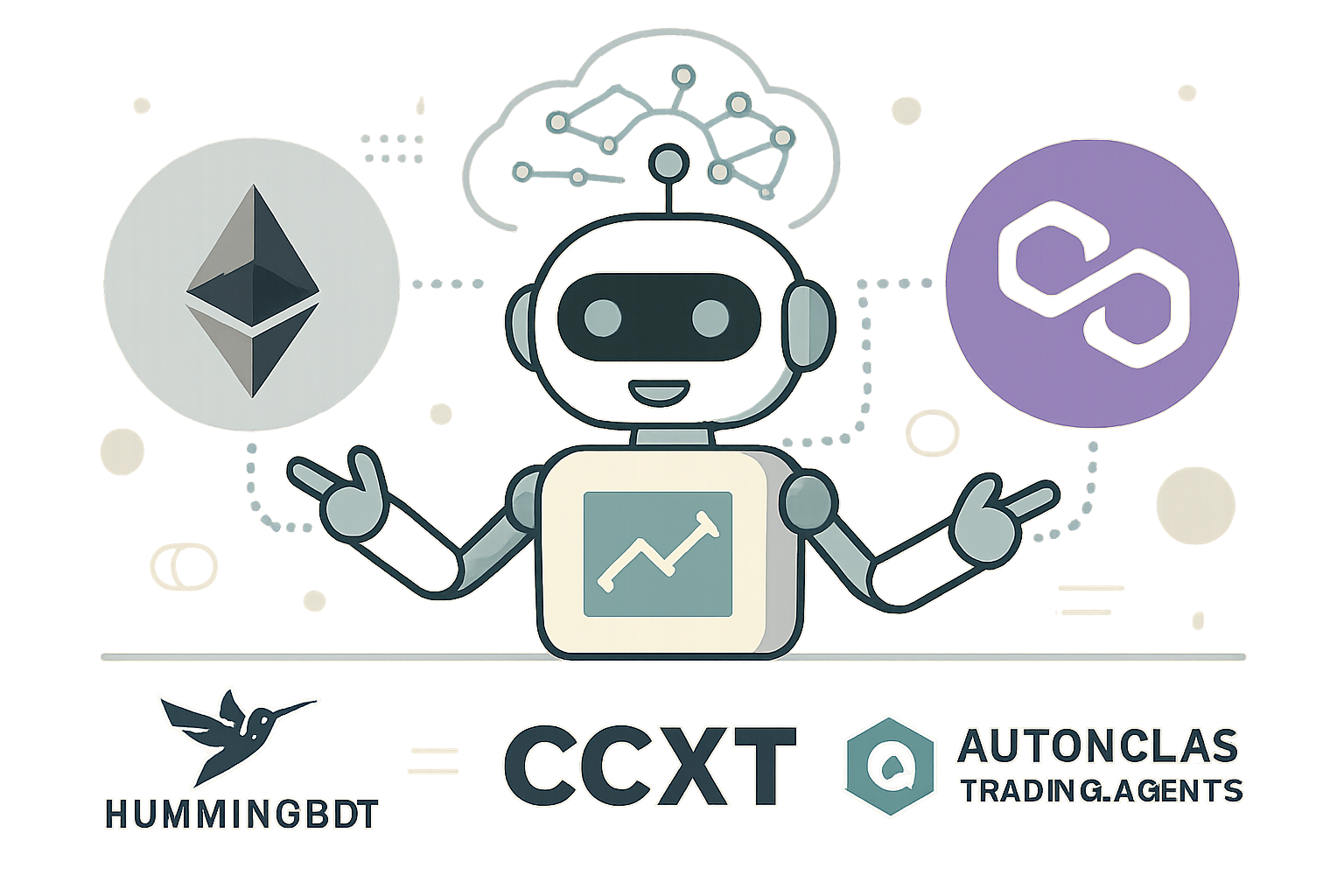 Illustration of an AI-powered crypto trading bot connecting to multiple blockchains like Ethereum and Polygon, featuring logos of Hummingbot, CCXT, and Autonolas Trading Agents to represent top open-source tools and real-world examples for multi-chain trading in 2024.