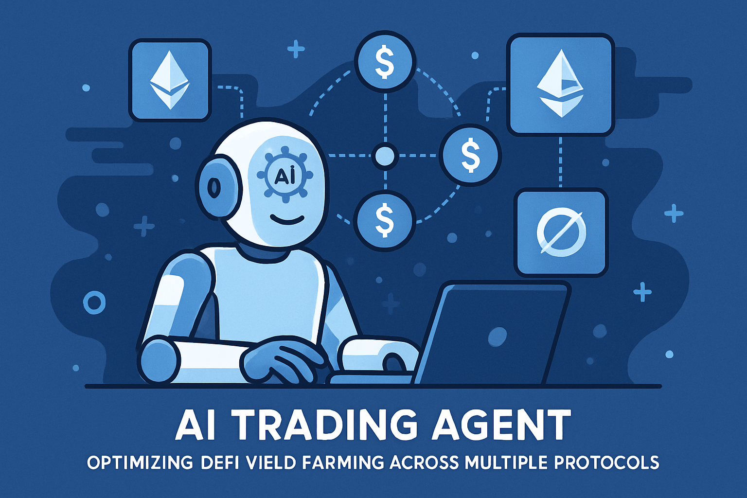 AI trading agent optimizing DeFi yield farming across multiple protocols illustration