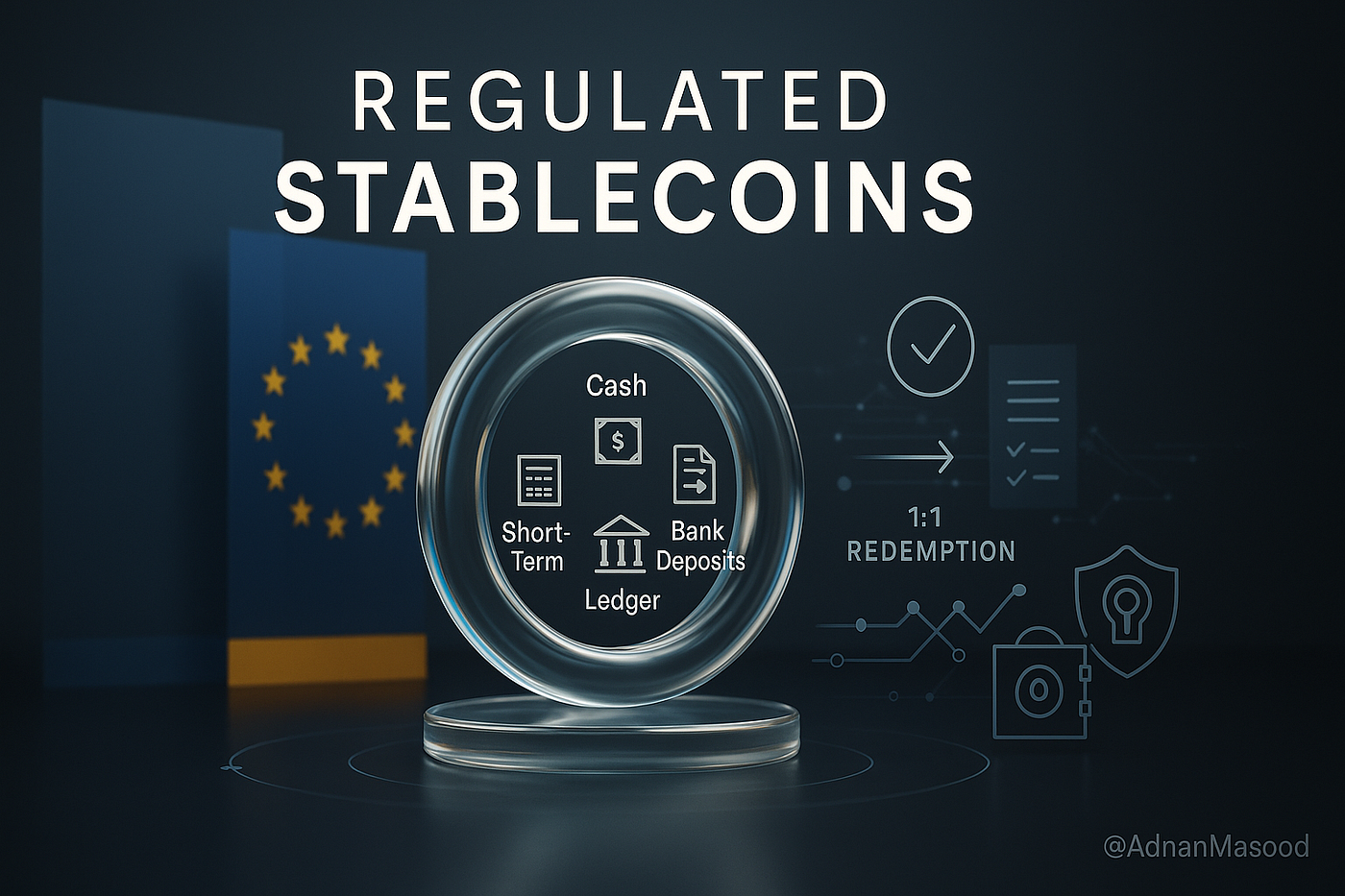 Illustration of SME owner financing heavy equipment purchase via blockchain RWA stablecoin loan, featuring smart contracts, asset tokens, and tokenized real-world assets