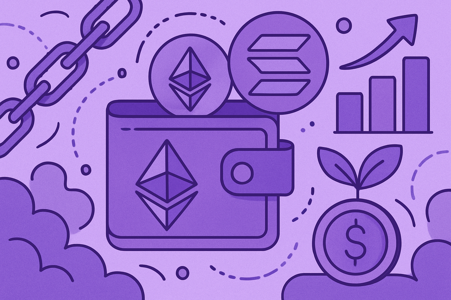 Conceptual illustration of assets seamlessly flowing from Ethereum yield farming to Solana spending in a unified chain abstraction wallet interface, showcasing cross-chain interoperability and simplified Web3 UX