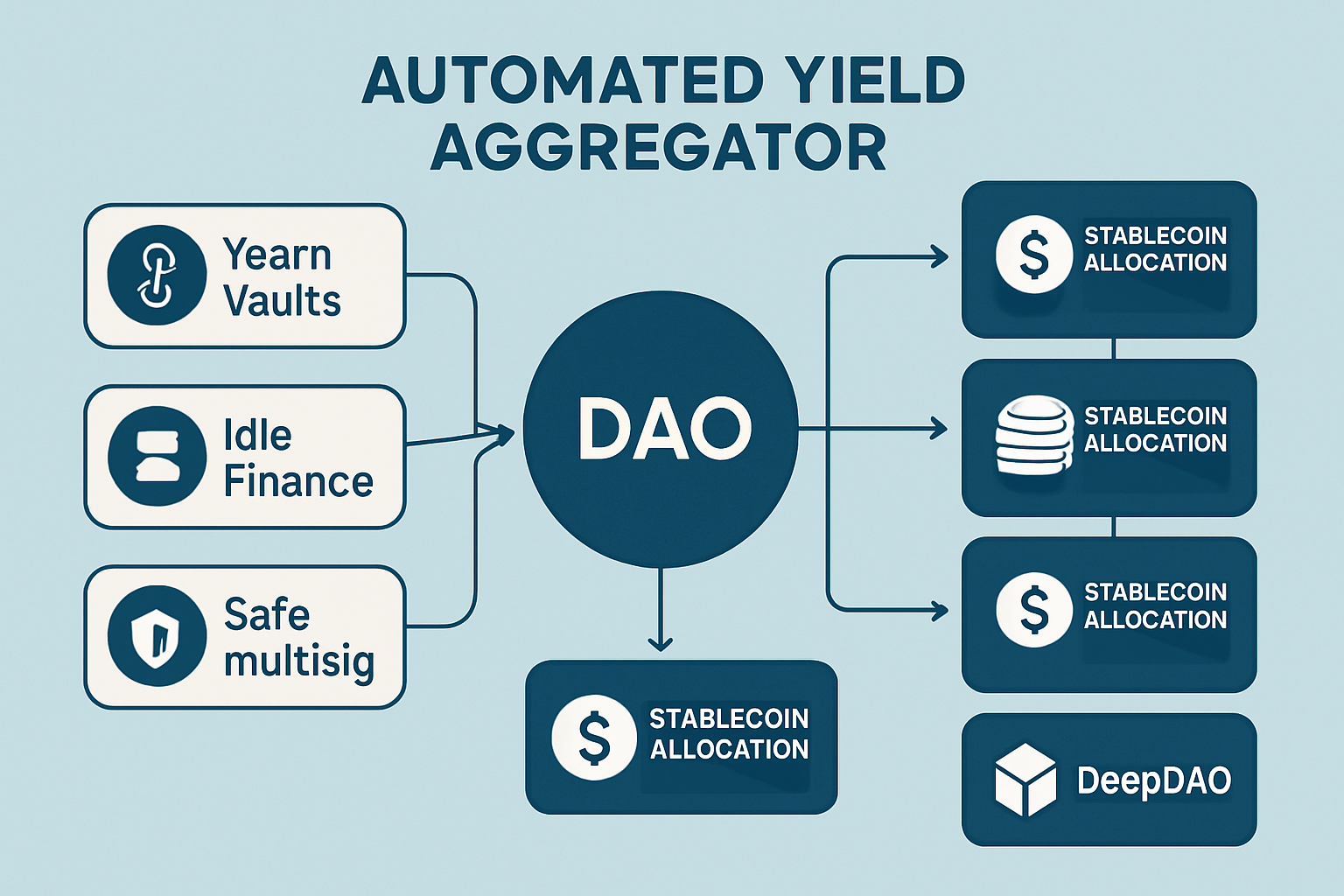 Illustration of automated yield aggregators optimizing stablecoin allocations for DAO treasury management, featuring Yearn Vaults, Idle Finance, Safe multisig, Zodiac Modules, and real-time analytics dashboards like Dune Analytics and DeepDAO.