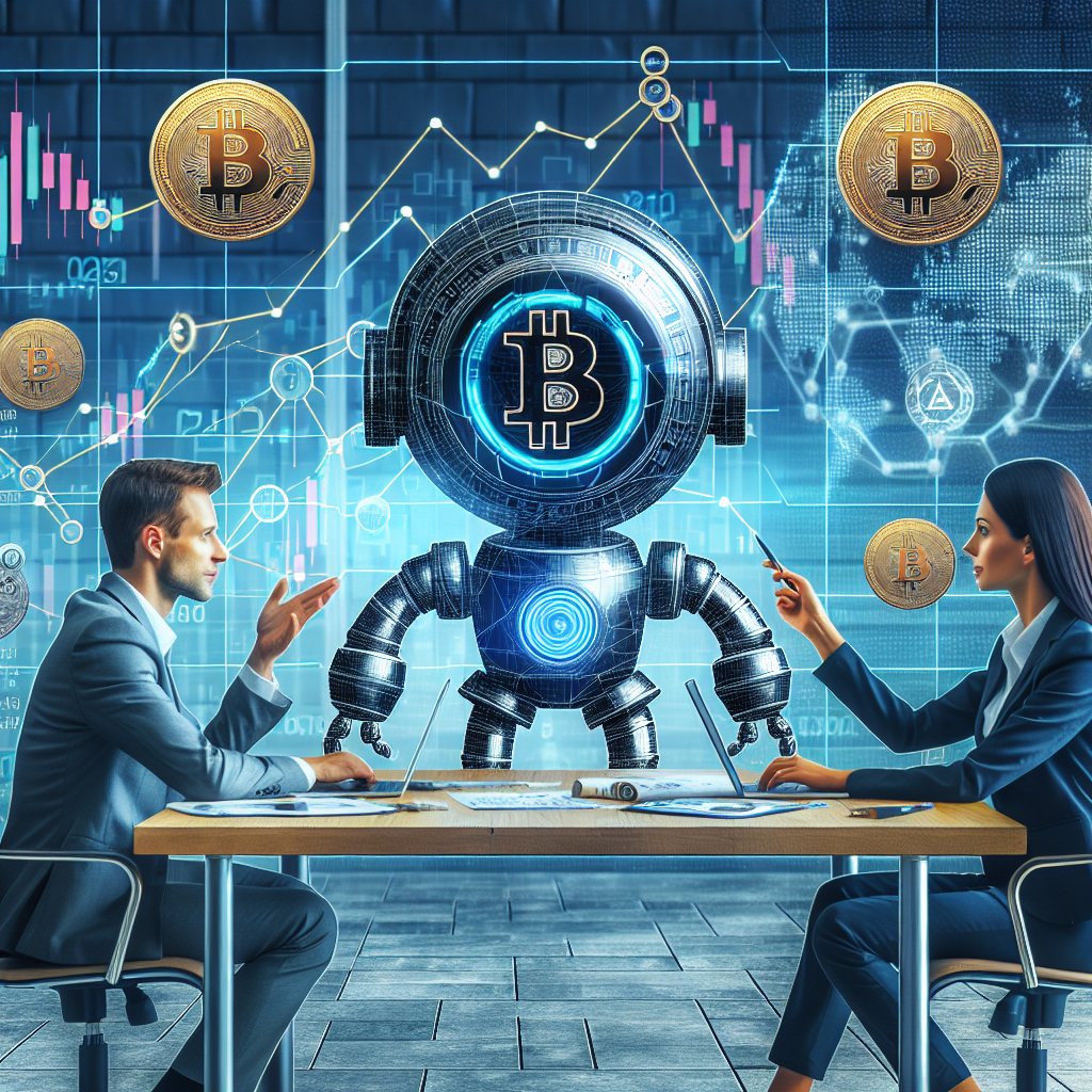Conceptual illustration of autonomous AI crypto trading agent activating emergency stop guardrail during market crash to prevent losses, featuring digital robot hitting red button with protective shield over crypto portfolio