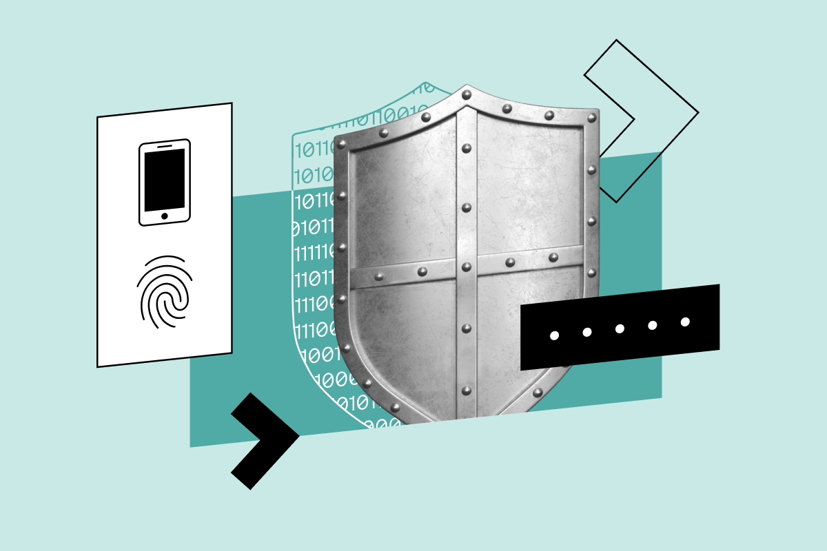 Illustration of biometric fingerprint unlocking secure passkey smart wallet interface shielded against phishing hooks and attacks