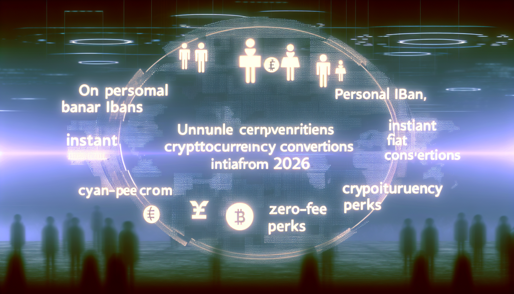 Illustration of Bybit MyBank dashboard interface displaying IBAN accounts, 18 fiat currencies like USD and GBP, and instant crypto conversion features for 2026 review