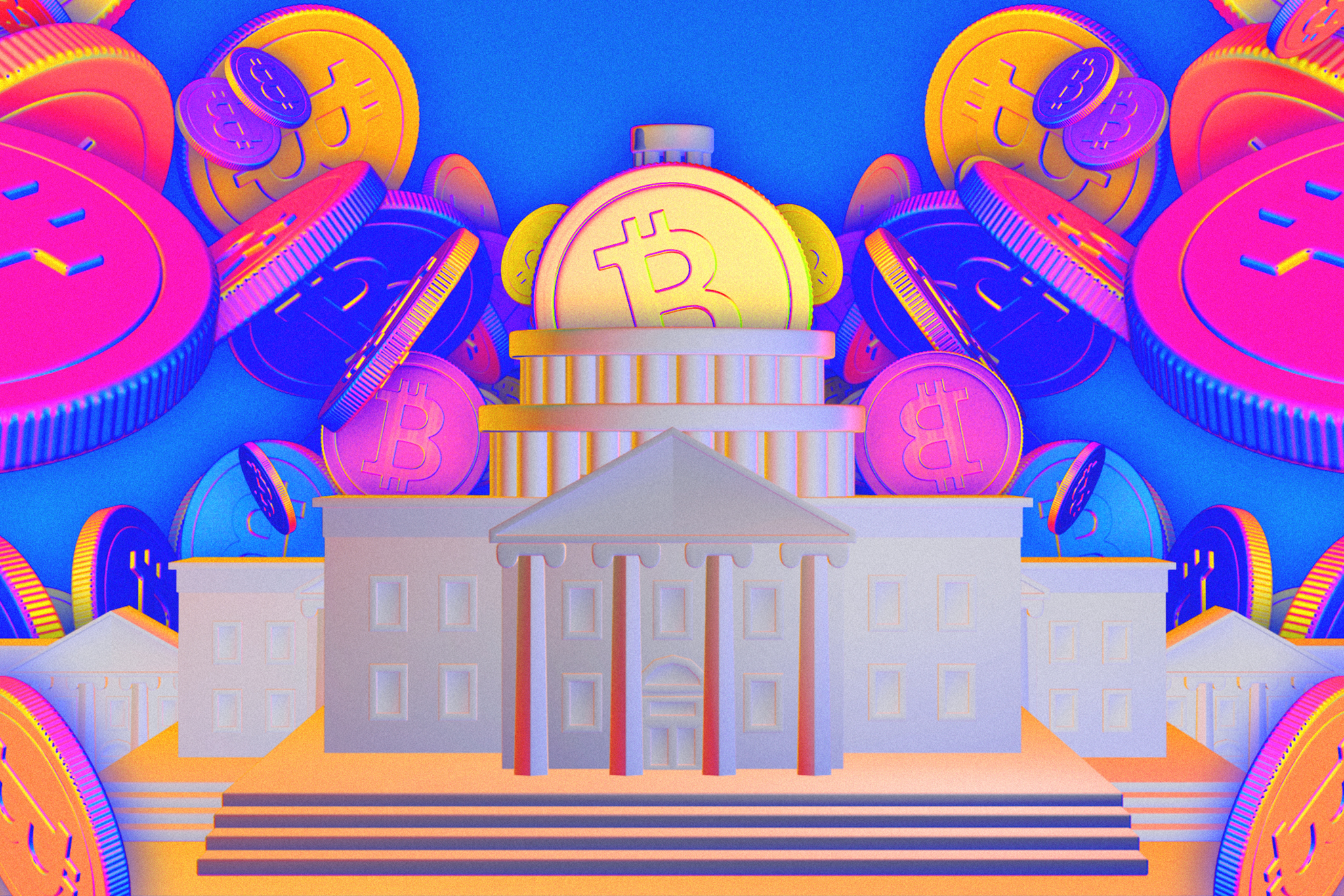 Illustration of Capitol Hill illuminated with cryptocurrency icons and digital wallets, symbolizing U.S. crypto legislation in 2025