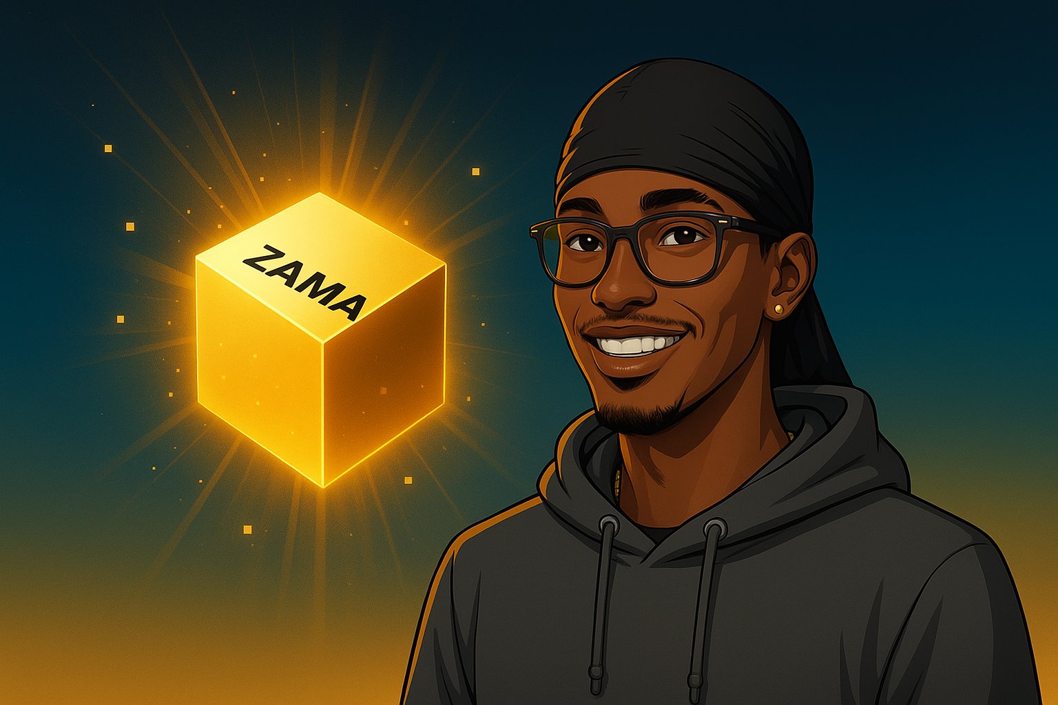 Confidential DAO voting illustration showing encrypted ballots flowing into a blockchain smart contract, representing privacy with homomorphic encryption.