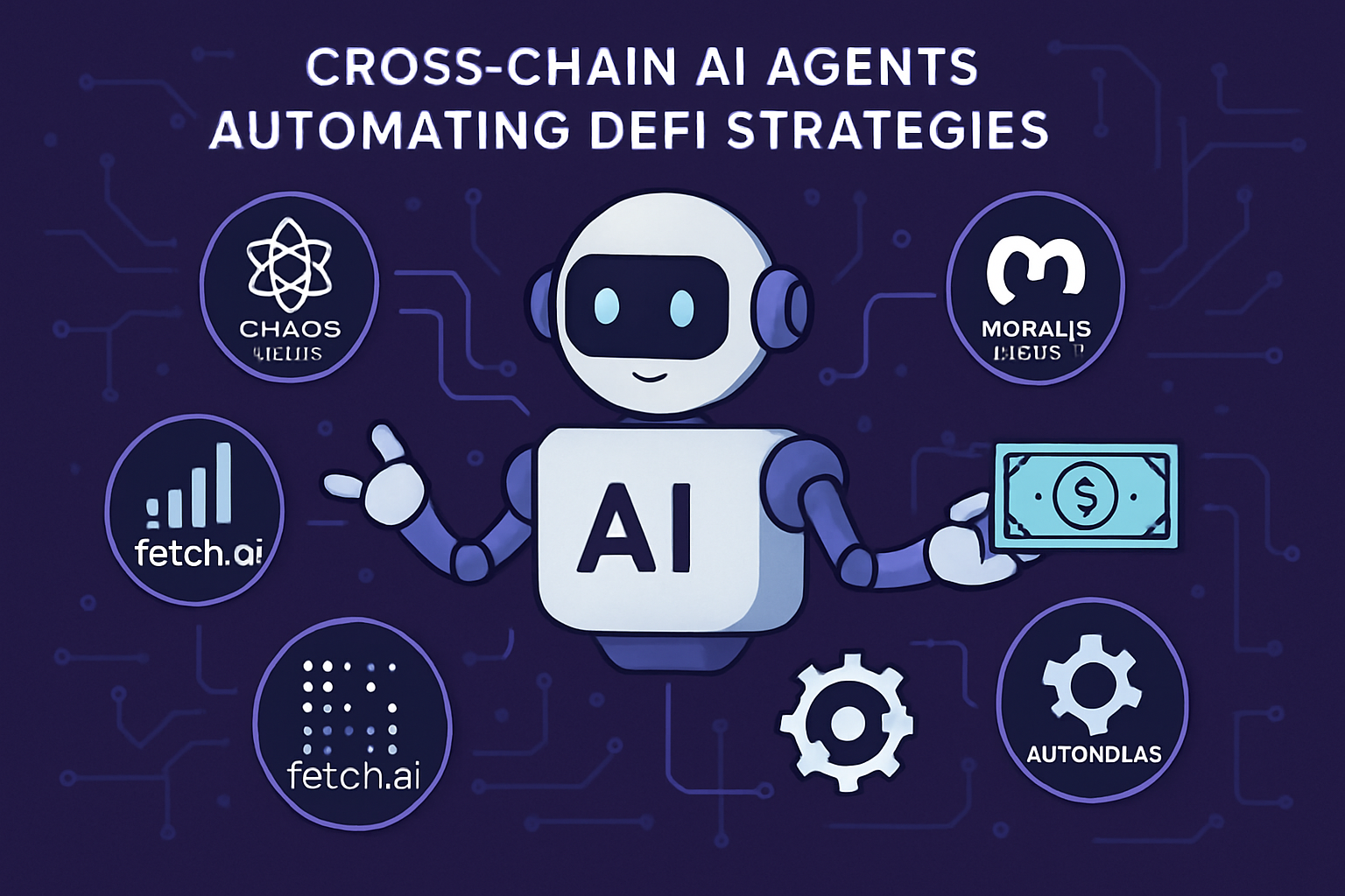 Illustration of cross-chain AI agents automating DeFi strategies across multiple blockchains, featuring platforms like Chaos Labs, Ava Protocol, Moralis Money, Fetch.ai, and Autonolas.