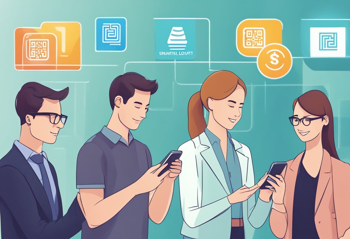 Customers engaging with tokenized loyalty rewards on their smartphones using blockchain technology