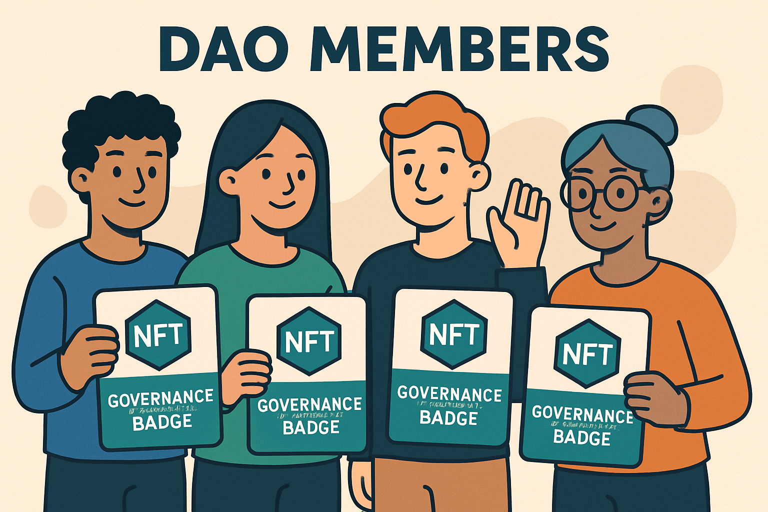 DAO members holding NFT governance badges in a vibrant web3 community illustration