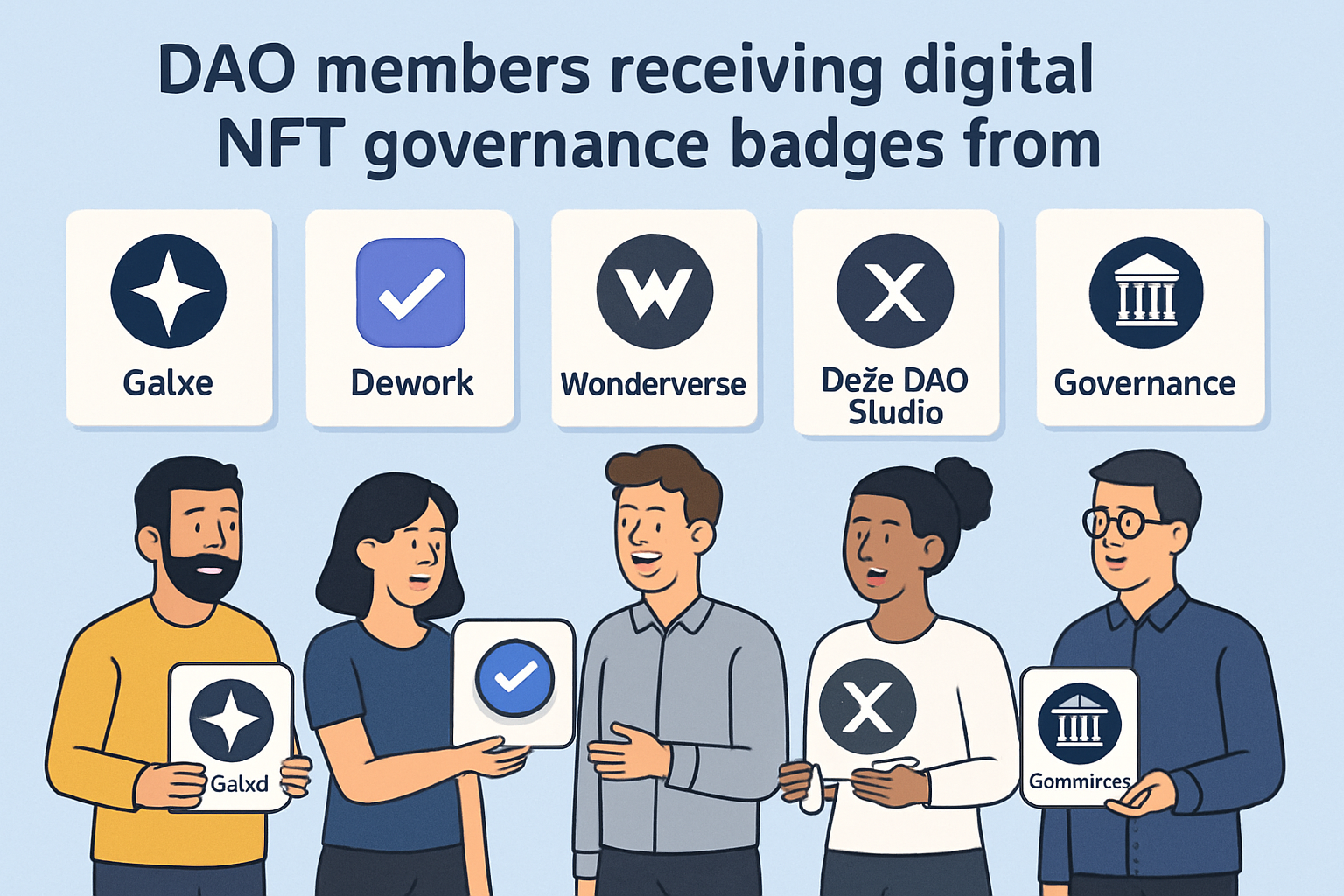 DAO members receiving digital NFT governance badges from top platforms like Galxe, Dework, Wonderverse, DeXe DAO Studio, and Governance NFT Badges
