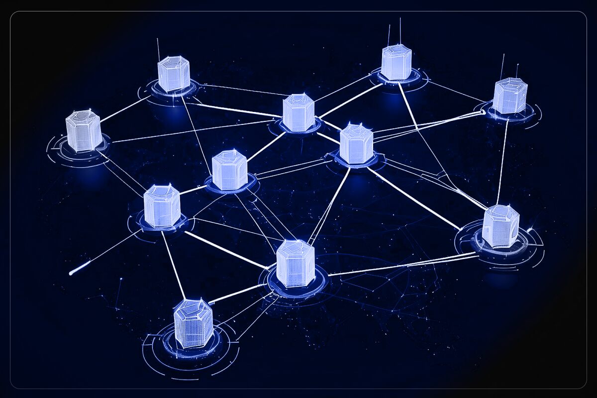 Global decentralized AI compute network nodes connected via blockchain technology illustration