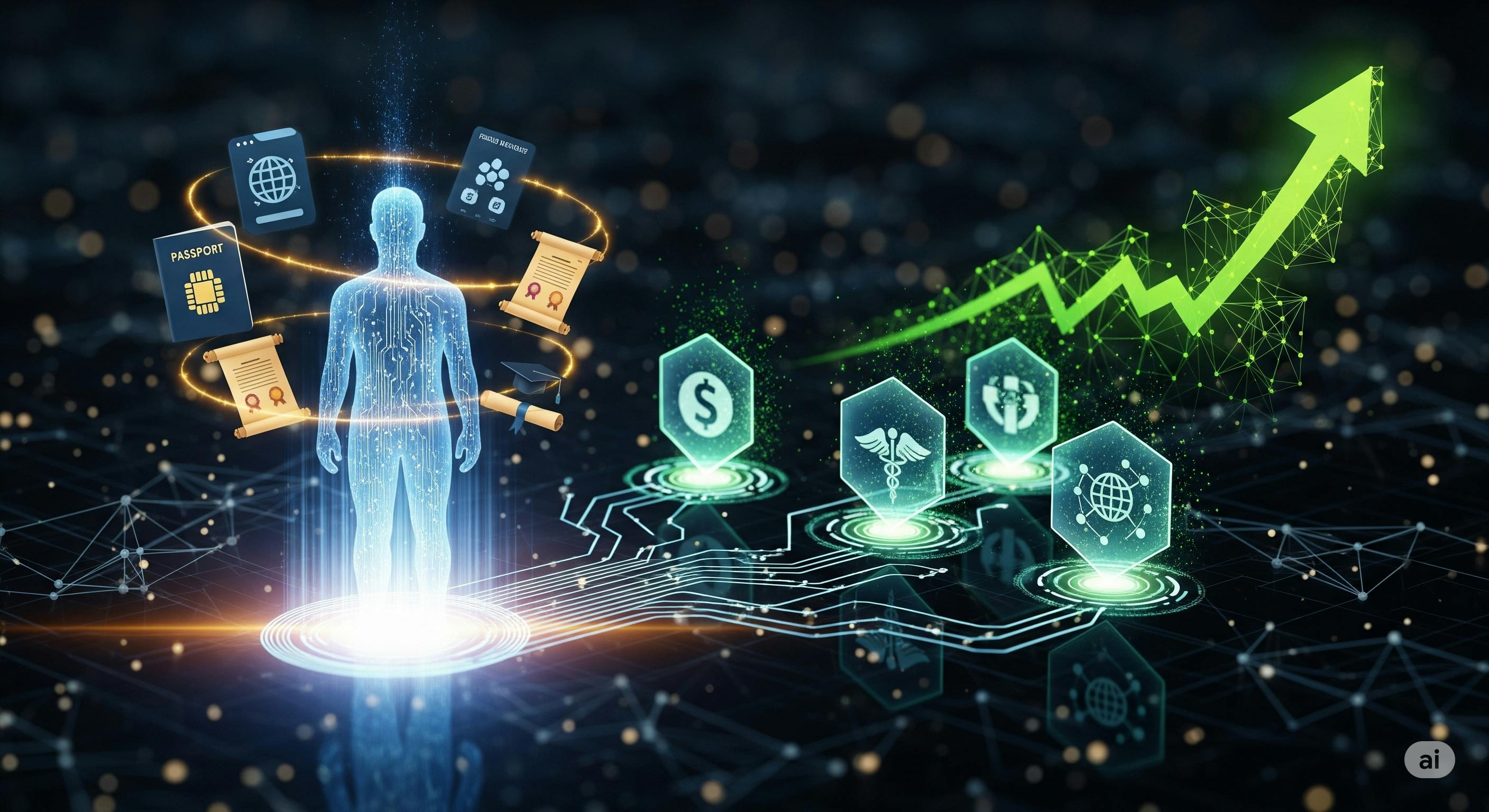 Illustration of decentralized identity and reusable on-chain KYC unlocking under-collateralized credit opportunities in DeFi for 2025