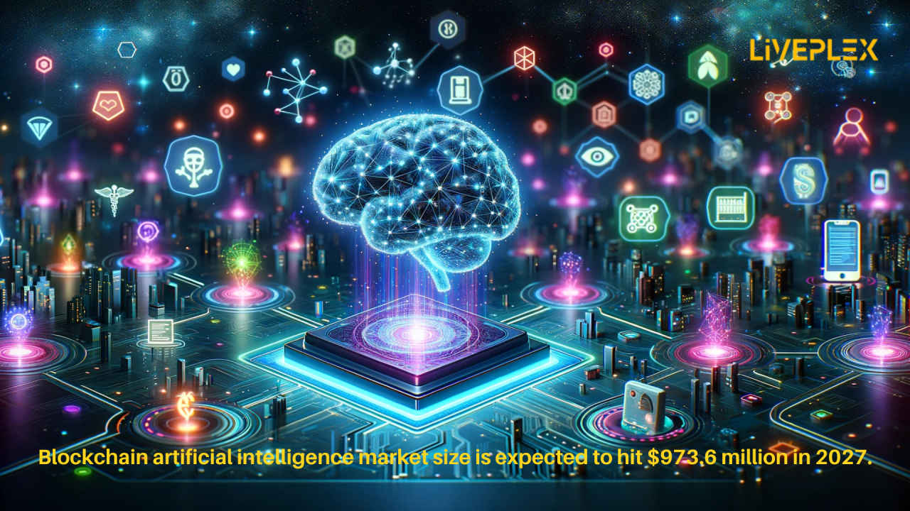 Illustration of decentralized nodes powering AI compute across a blockchain network, featuring interconnected computers, digital ledgers, and neural network motifs.