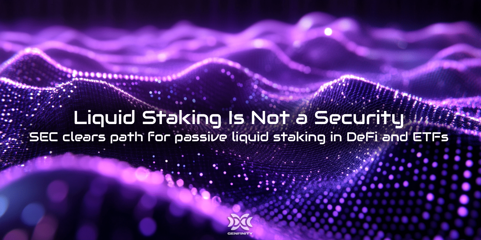Illustration of digital assets being staked with liquid staking tokens circulating freely in a decentralized blockchain network, representing SEC regulatory clarity in 2025.