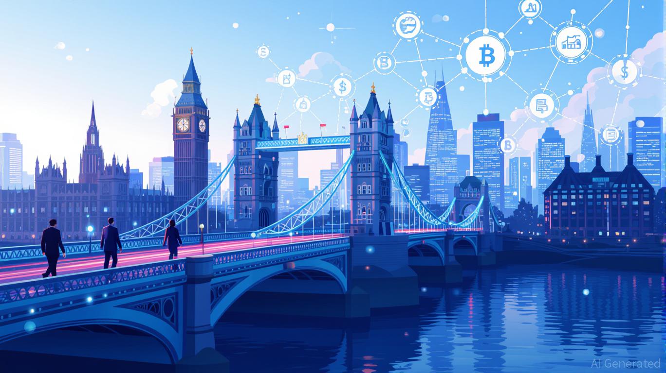 Digital pound coins and regulatory documents overlaying the London skyline, symbolizing UK stablecoin regulations and the £20,000 cap in 2025