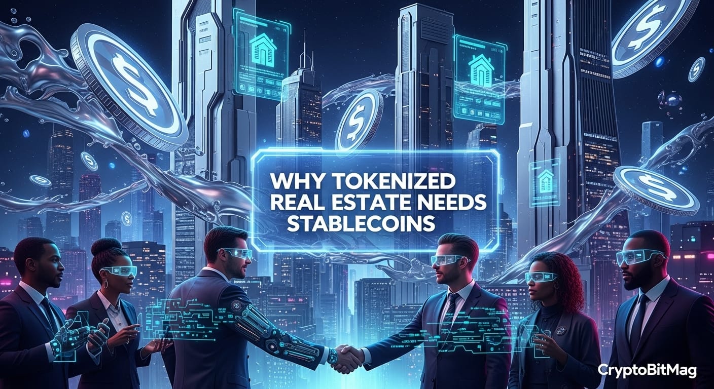 Illustration of digital real estate tokens and $100 bills exchanging hands, representing fractional property investment through blockchain technology.