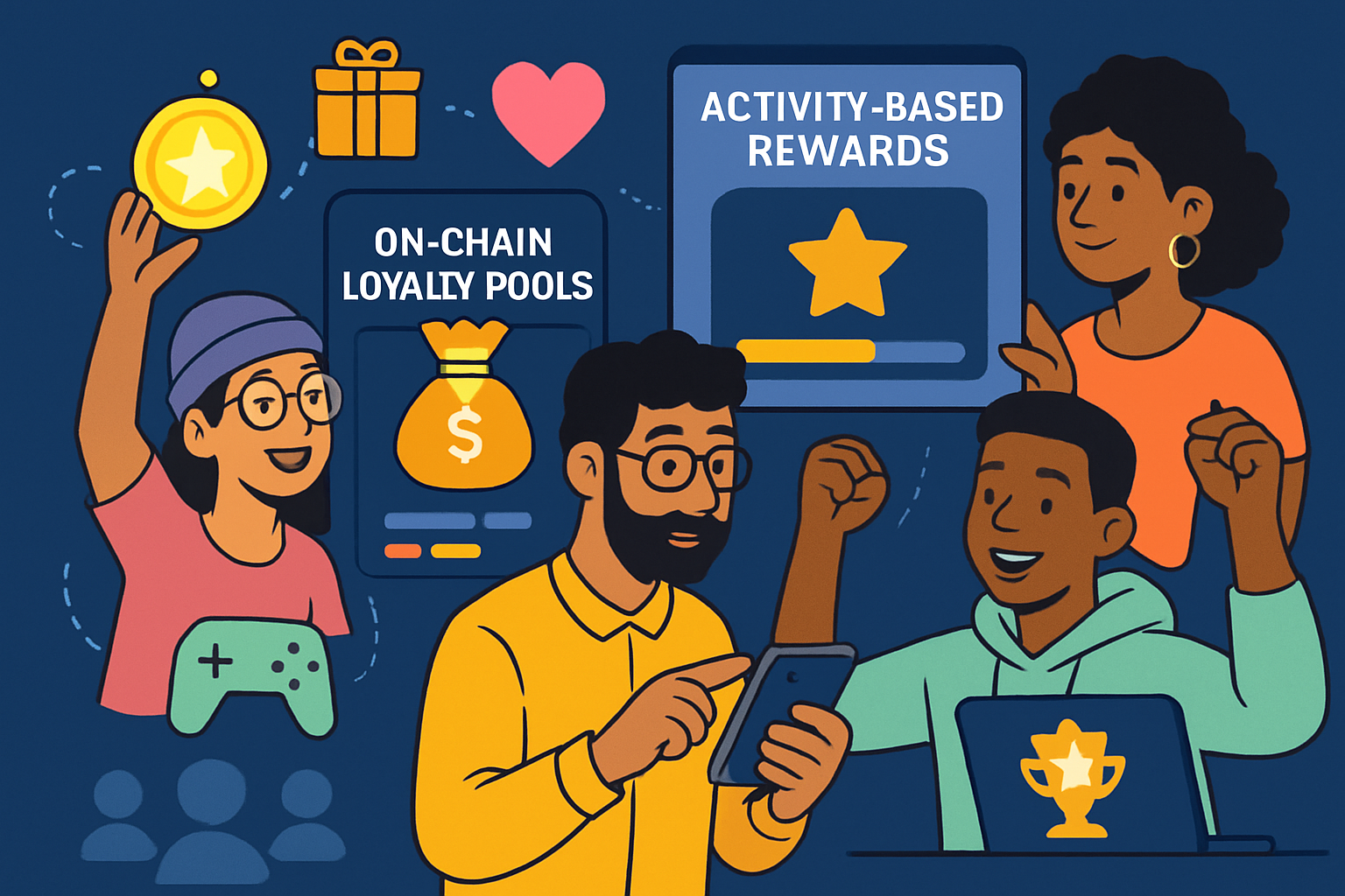 Diverse DeFi users participating in on-chain loyalty pools and earning activity-based rewards through gamified engagement.