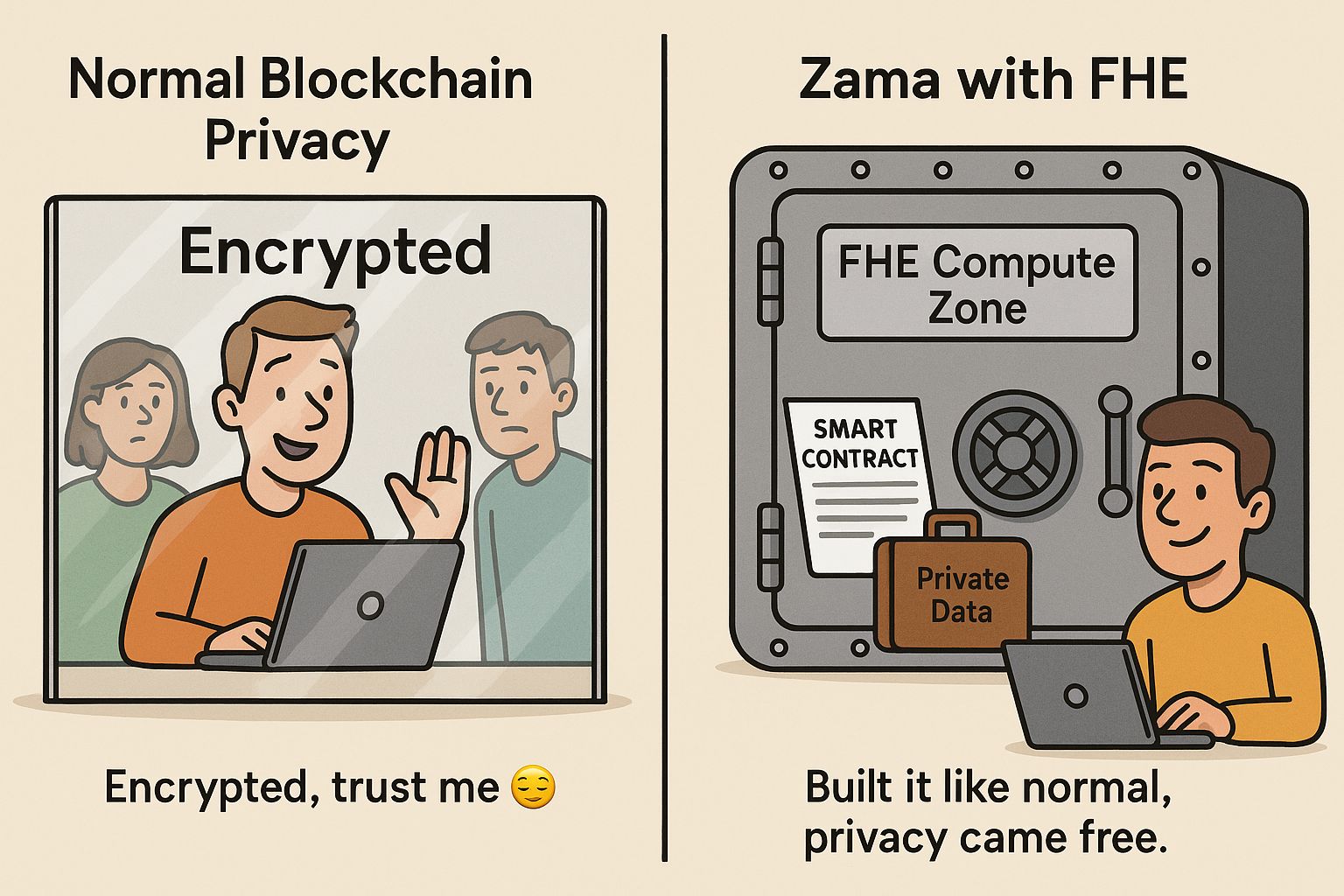Illustration of encrypted data flowing through a blockchain smart contract using fully homomorphic encryption (FHE) for confidential transactions